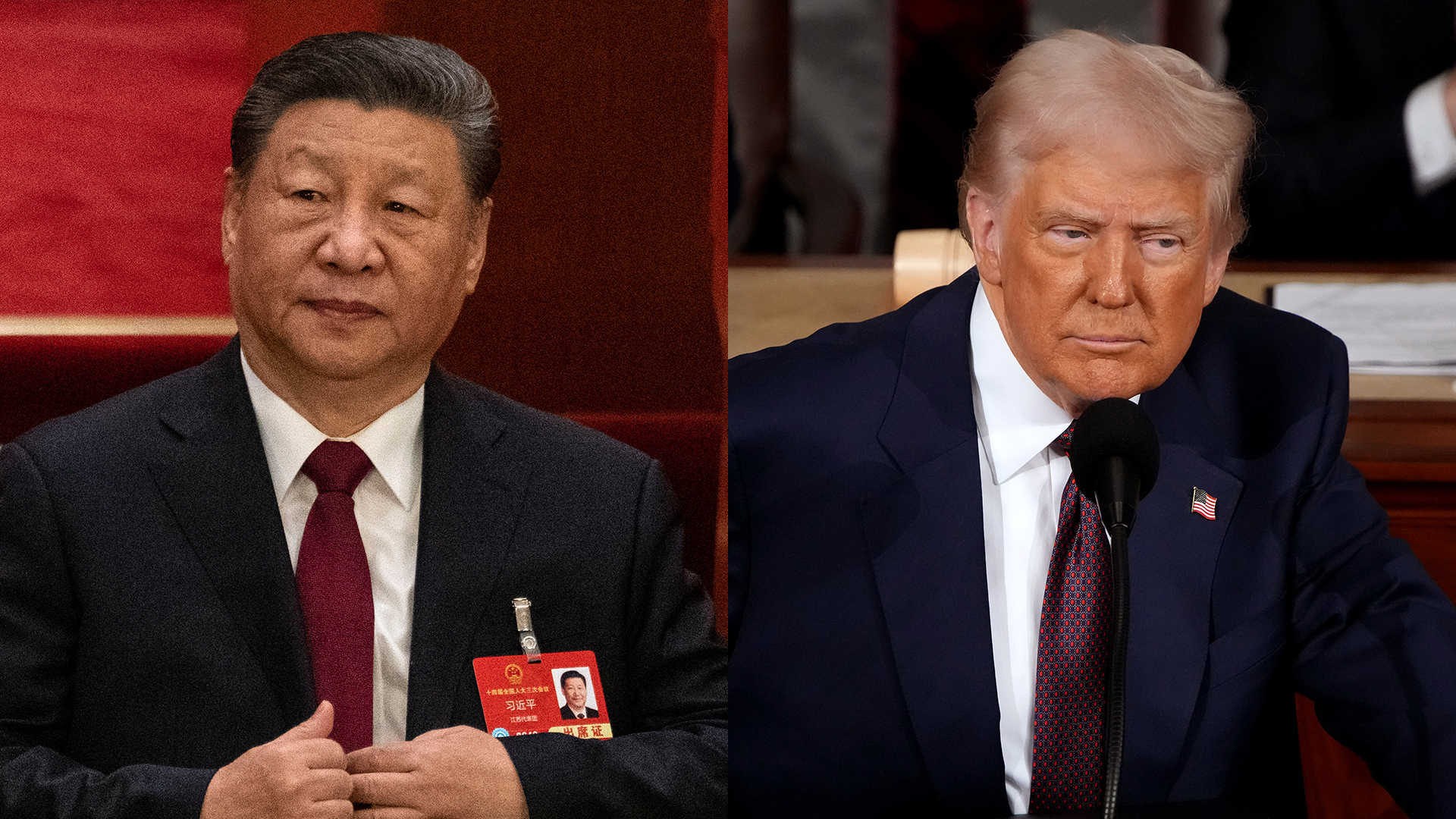Xi Jinping on the left, wearing a suit with a red tie; Donald Trump on the right, in a suit with a red tie, speaking at a podium.