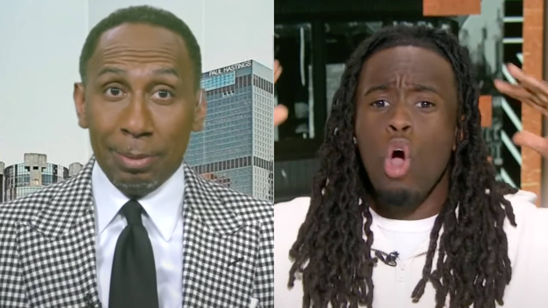 Split image of Stephen A. Smith in a checkered suit and Kai Cenat with expressive gestures, both appearing animated.