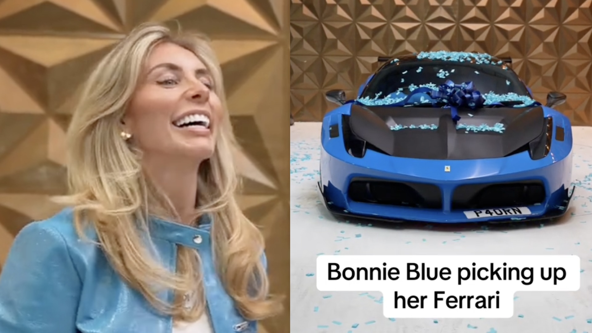 (L) Bonnie Blue with long blonde hair wearing a blue jacket. (R) Bonnie Blue's customized Ferrari 458.