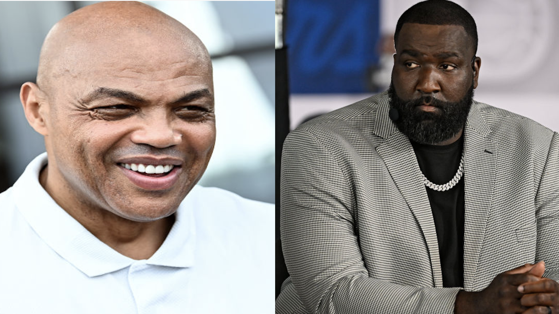 Charles Barkley smiling in a white shirt; Kendrick Perkins in a gray suit, looking thoughtful.