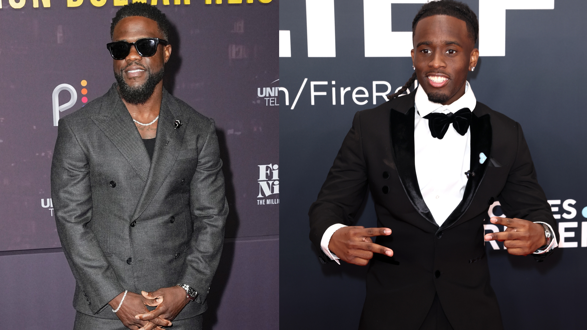Two men in suits at separate events. The left man wears sunglasses and a gray suit, while the right man wears a black tuxedo and bow tie.
