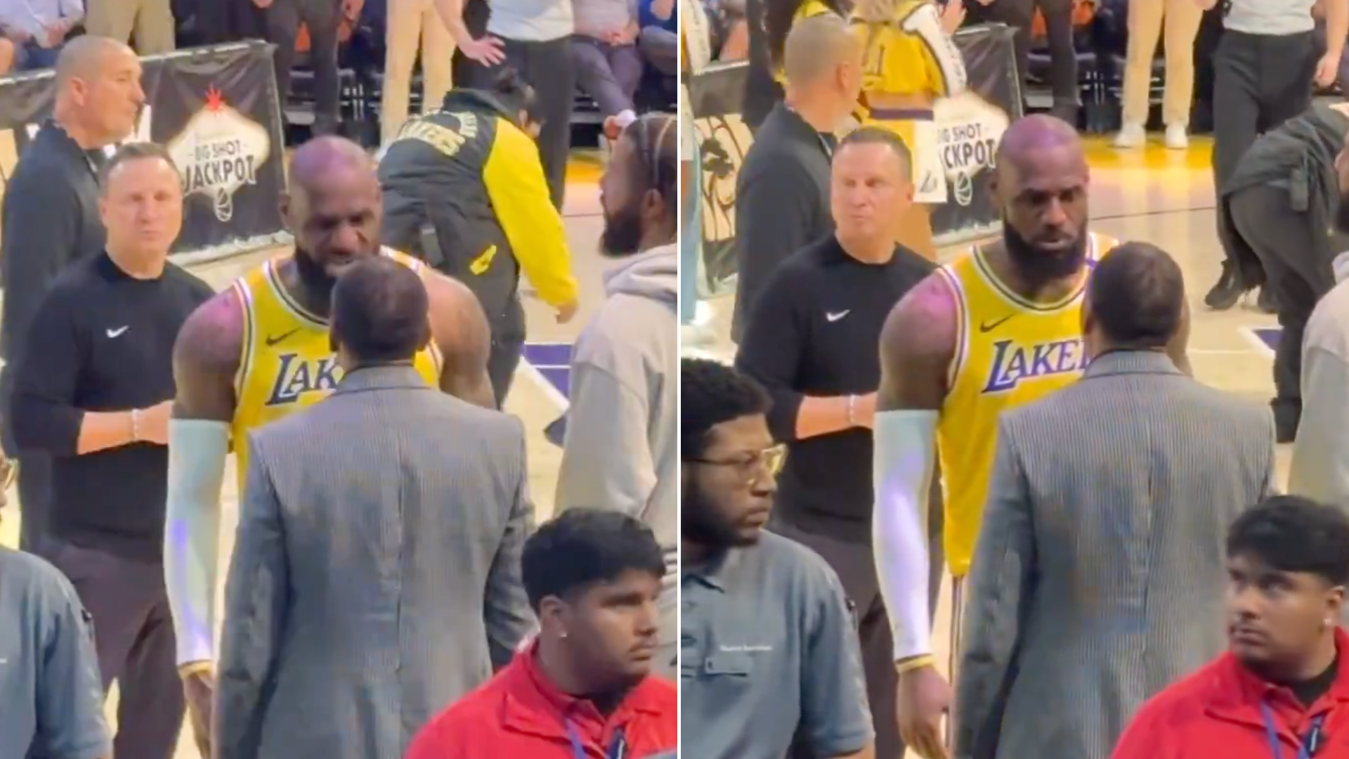 Basketball player in a Lakers jersey, likely LeBron James, on the court surrounded by people, including security personnel and staff.