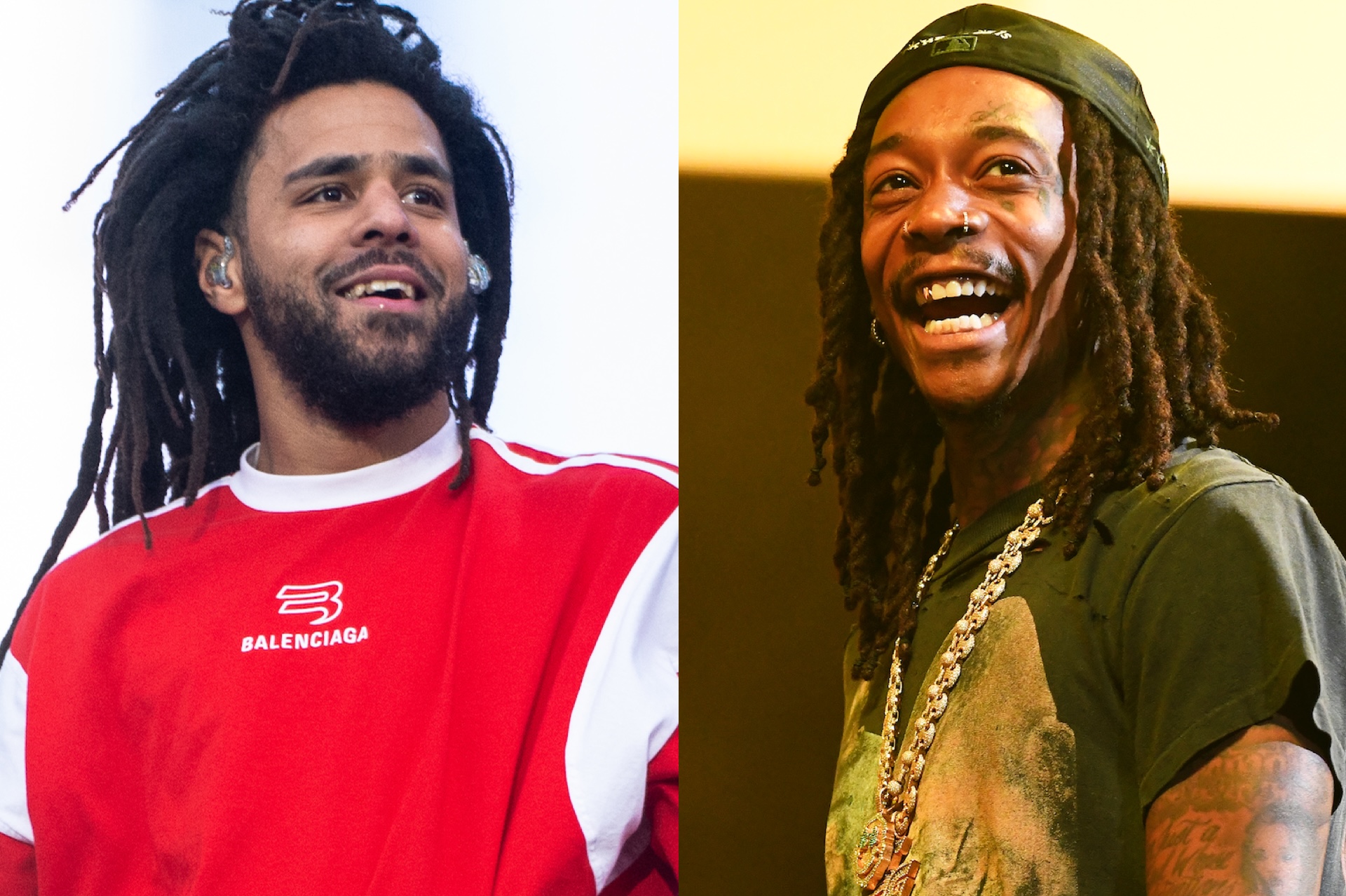J. Cole in a red Balenciaga shirt and Wiz Khalifa in a black shirt with chains. Both are smiling, with dreadlocks.