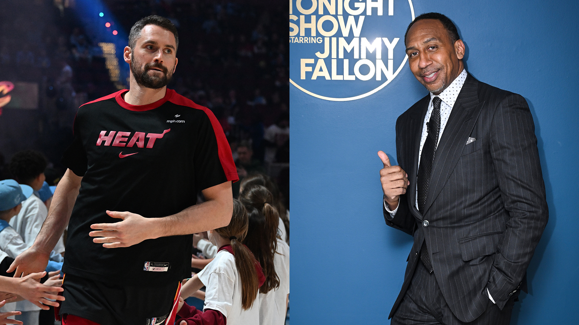 Kevin Love of the Miami Heat at the start of a game against the Cleveland Cavaliers, Stephen A. Smith appears on 'Fallon.'