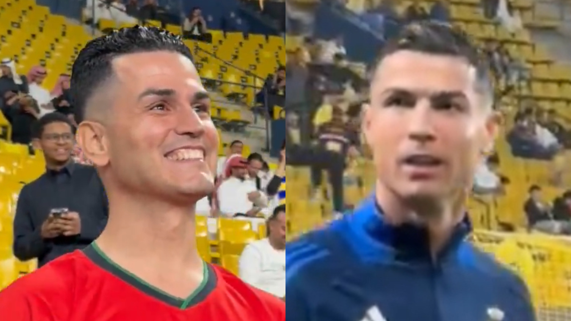 A man in a red shirt smiling and Cristiano Ronaldo in a blue sports jacket, both in a stadium with yellow seats and spectators.