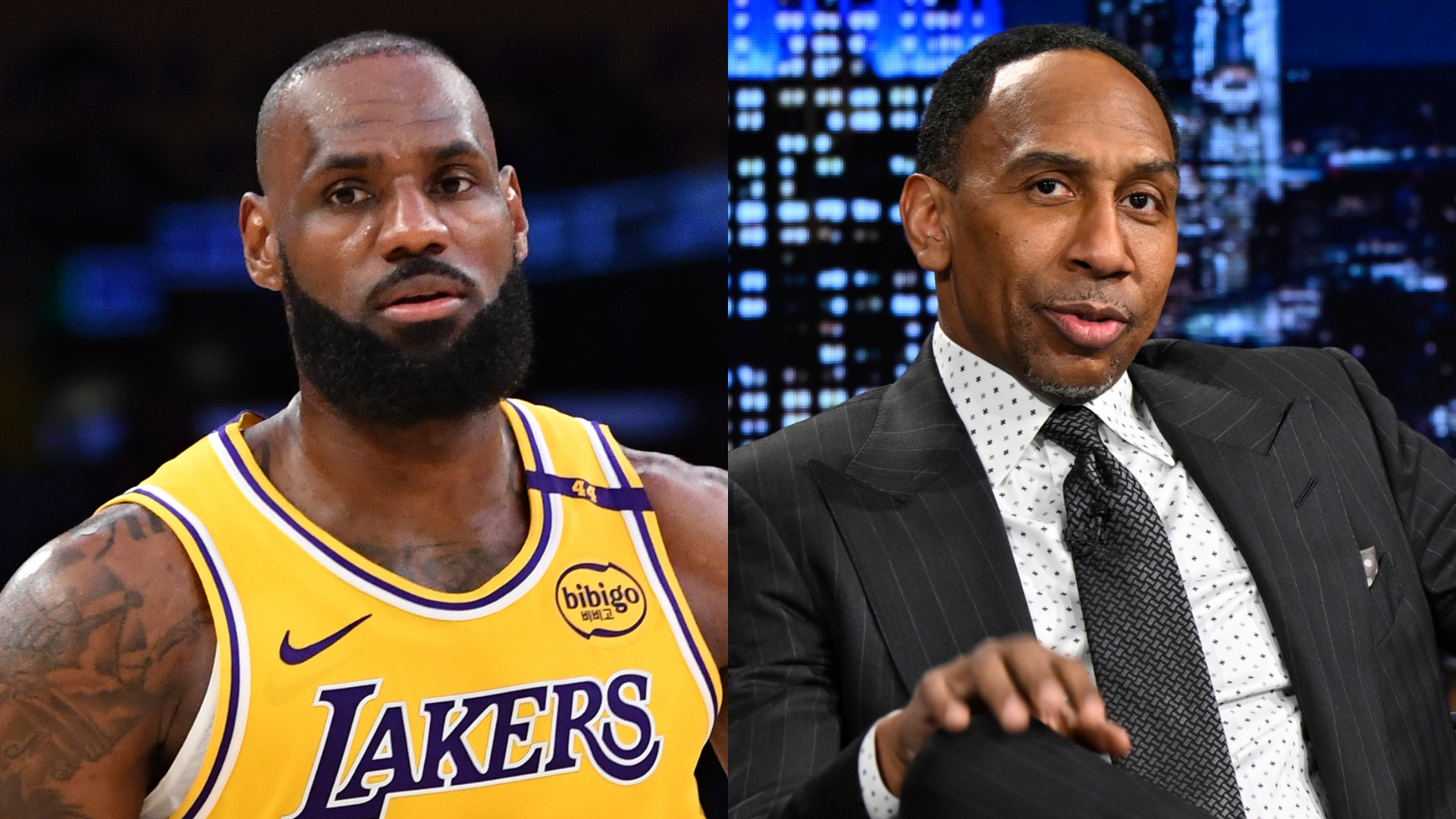 LeBron James in a Lakers jersey and Stephen A. Smith in a suit, sitting in a studio setting.