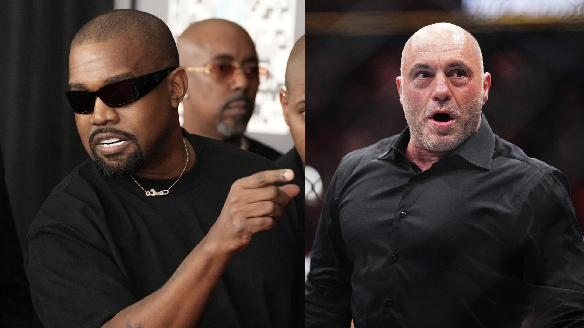 Joe Rogan reacts to the knockout win by Max Holloway in the BMF championship fight during the UFC 300 event at T-Mobile Arena on April 13, 2024 in Las Vegas, Nevada/Kanye West (C) attends the 67th GRAMMY Awards at Crypto.com Arena on February 02, 2025 in Los Angeles, California.