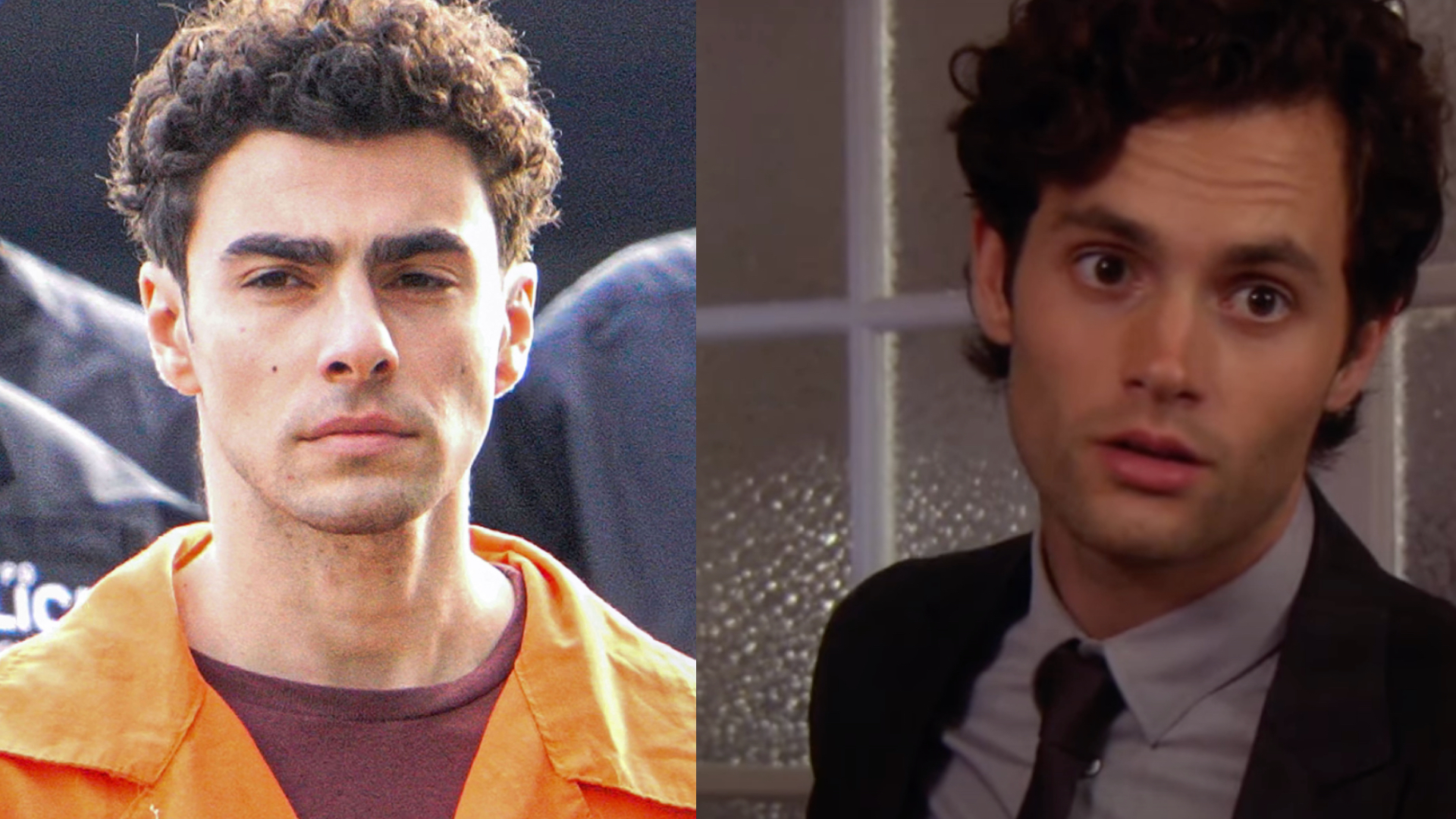 Two men are shown side by side. The left man wears an orange jumpsuit, and the right man is in a suit, looking towards the camera.