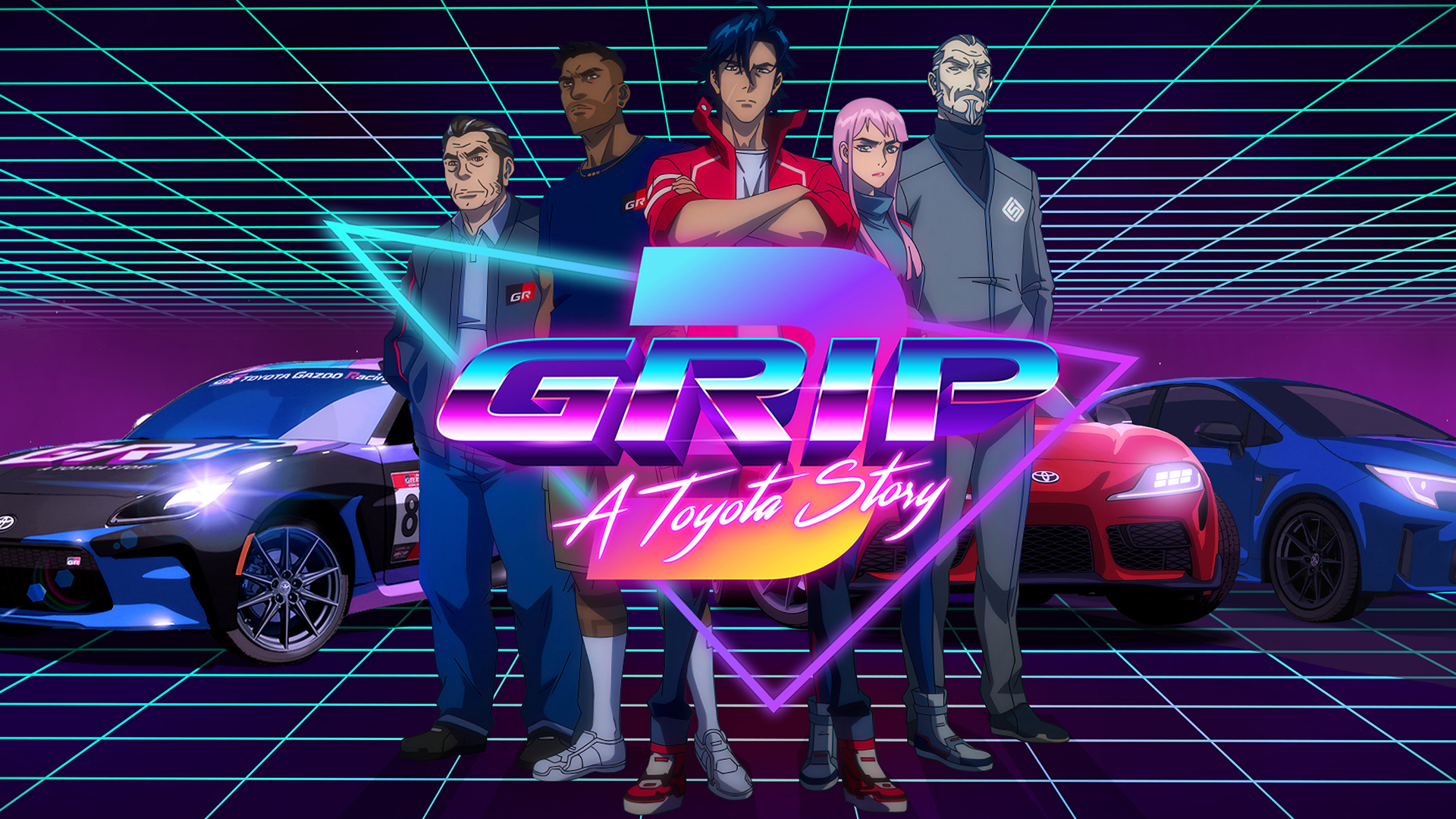 An animated poster for "Grip: A Toyota Story" featuring five characters in front of two Toyota cars with a retro grid background.