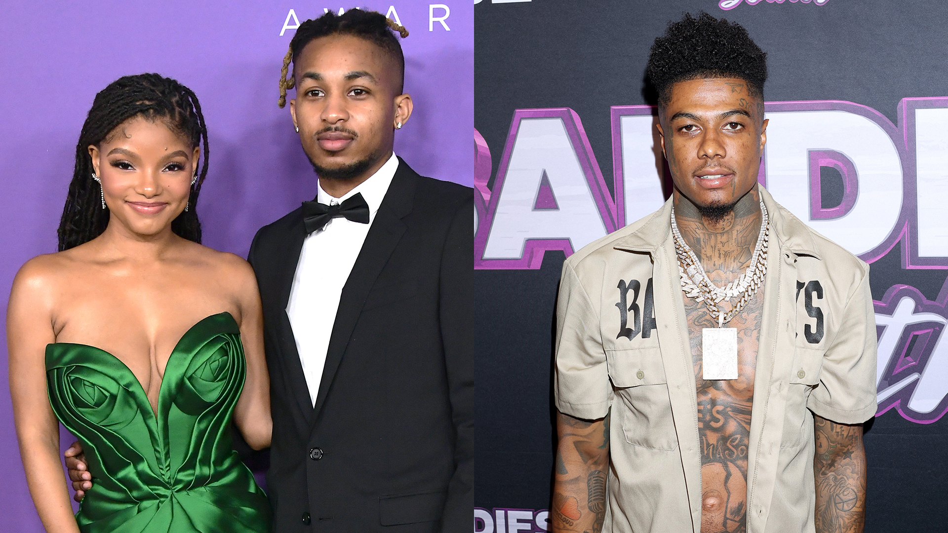 A split image showing Halle Bailey and DDG alongside rapper Blueface.