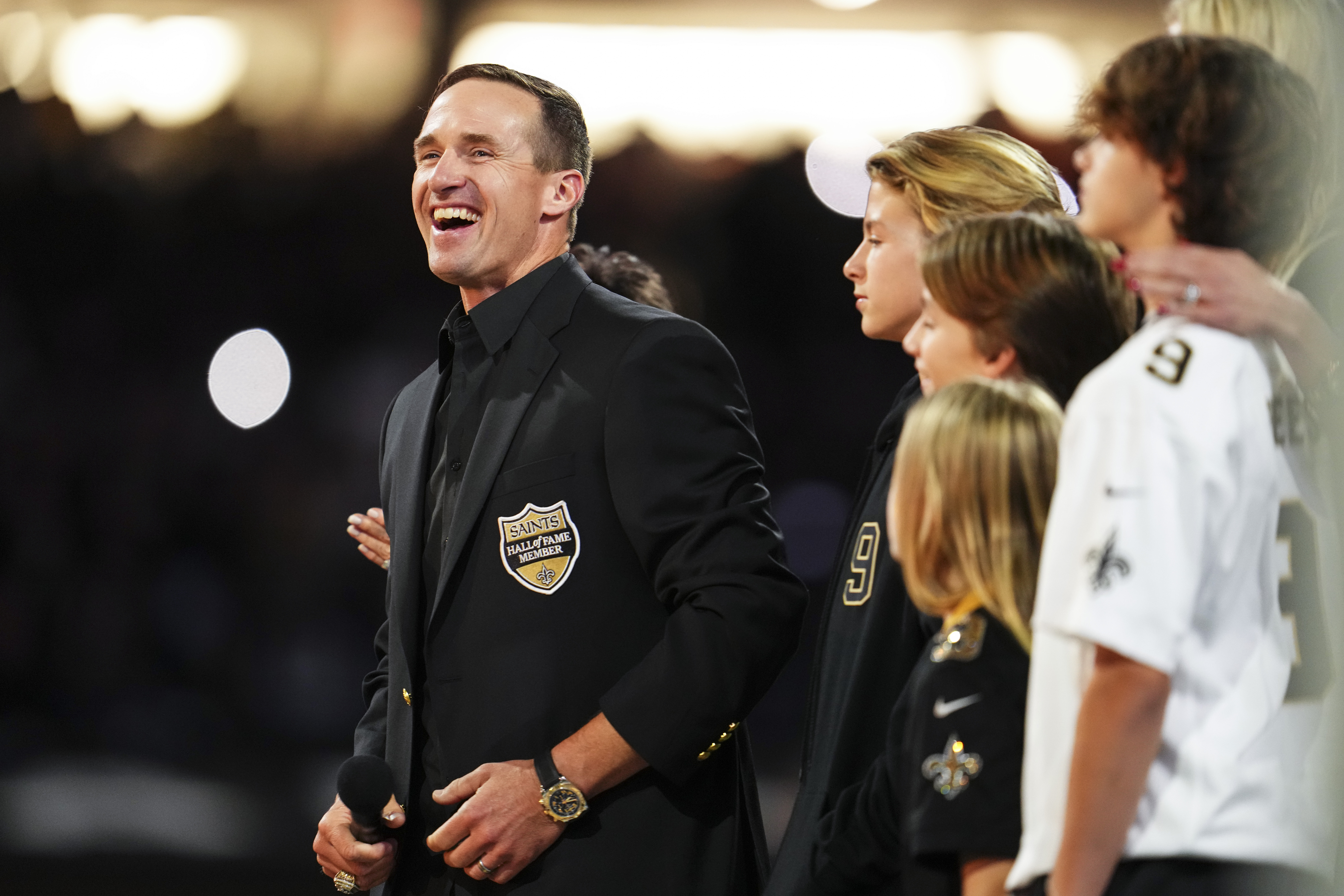 NEW ORLEANS, LA - OCTOBER 17: Drew Brees is honored at half time during an NFL football game between the Denver Broncos and the New Orleans Saints at Caesars Superdome on October 17, 2024 in New Orleans, Louisiana.