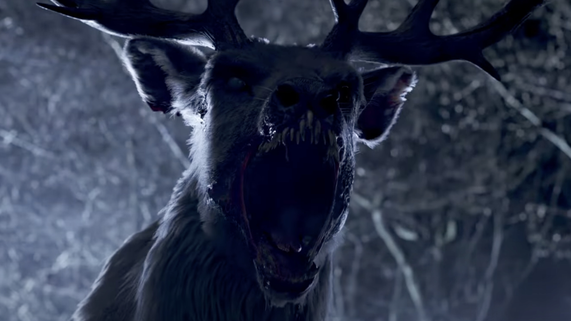 A terrifying creature with antlers and sharp teeth, roaring in a dark, eerie forest setting.