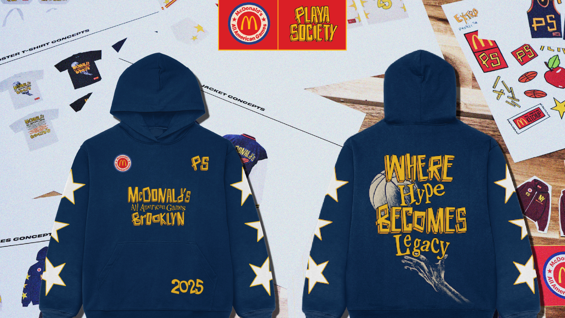 A blue hoodie featuring "McDonald's All American Games Brooklyn 2025" text on the front and "Where Hype Becomes Legacy" on the back with star designs.