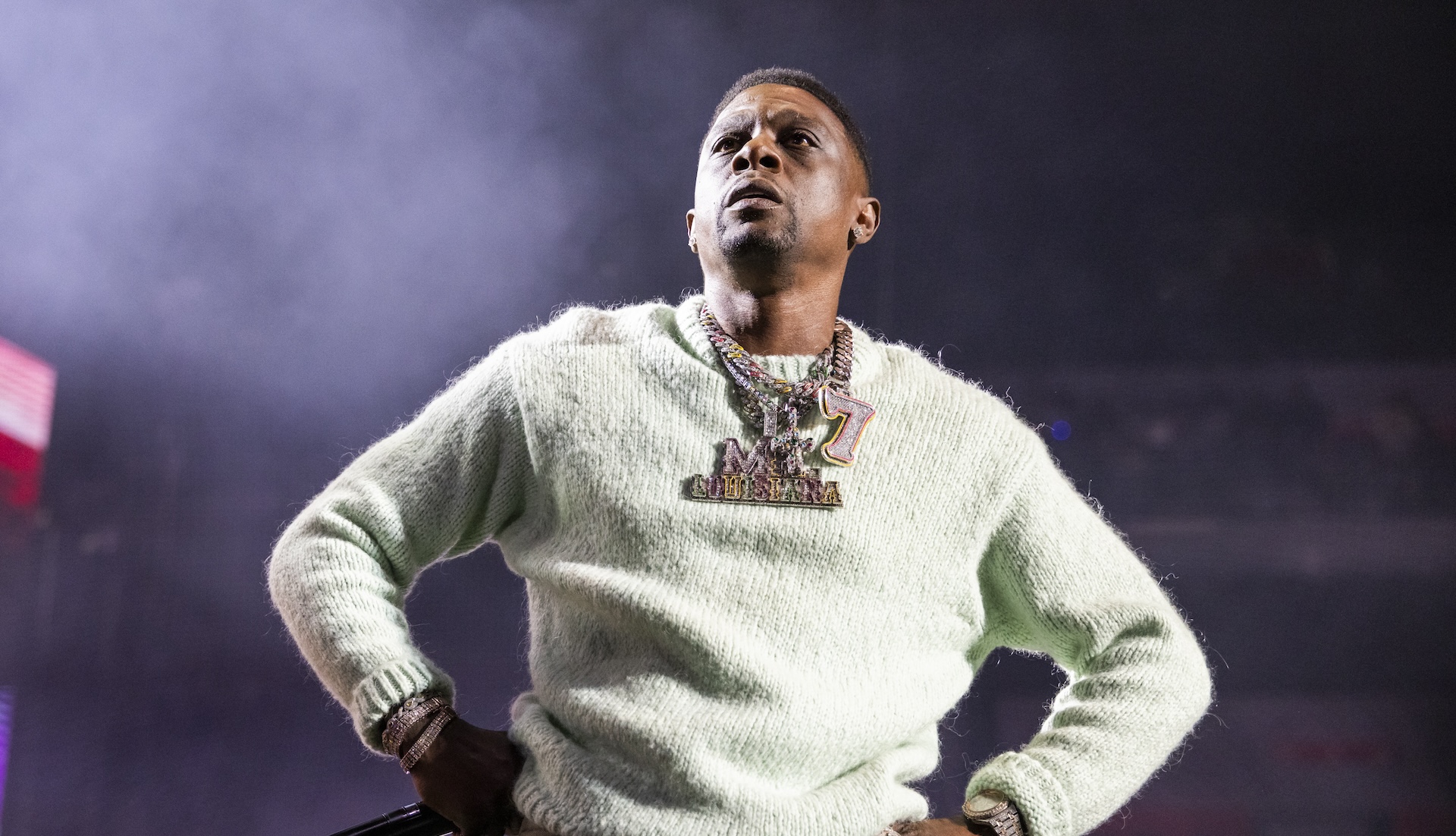 DETROIT, MICHIGAN - MARCH 08: Rapper Boosie performs in concert during Millennium Tour 2025 at Little Caesars Arena on March 08, 2025 in Detroit, Michigan.