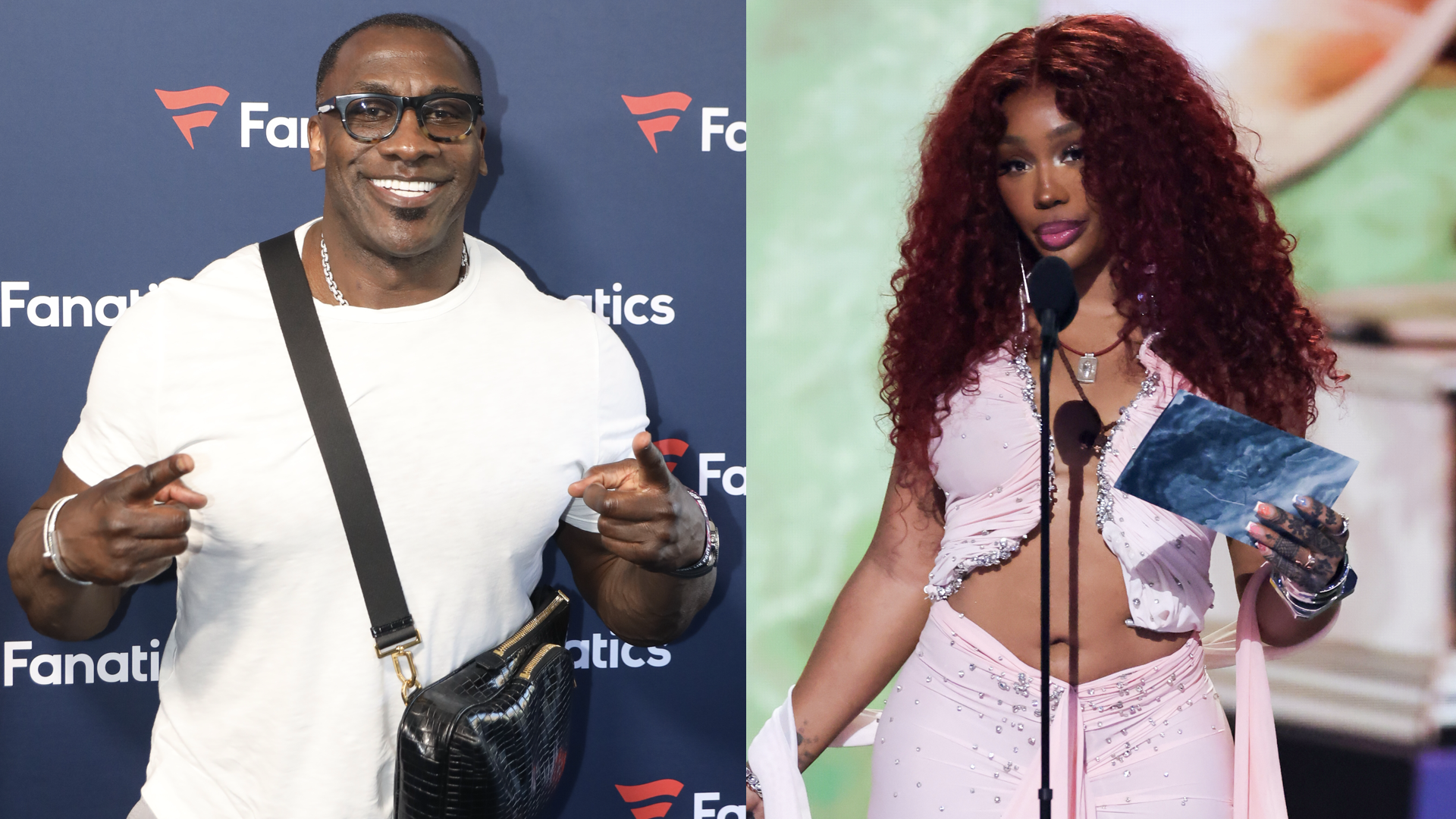 Shannon Sharpe in a white shirt and glasses, posing with a bag. SZA with red curly hair, speaking into a microphone in a pink outfit.
