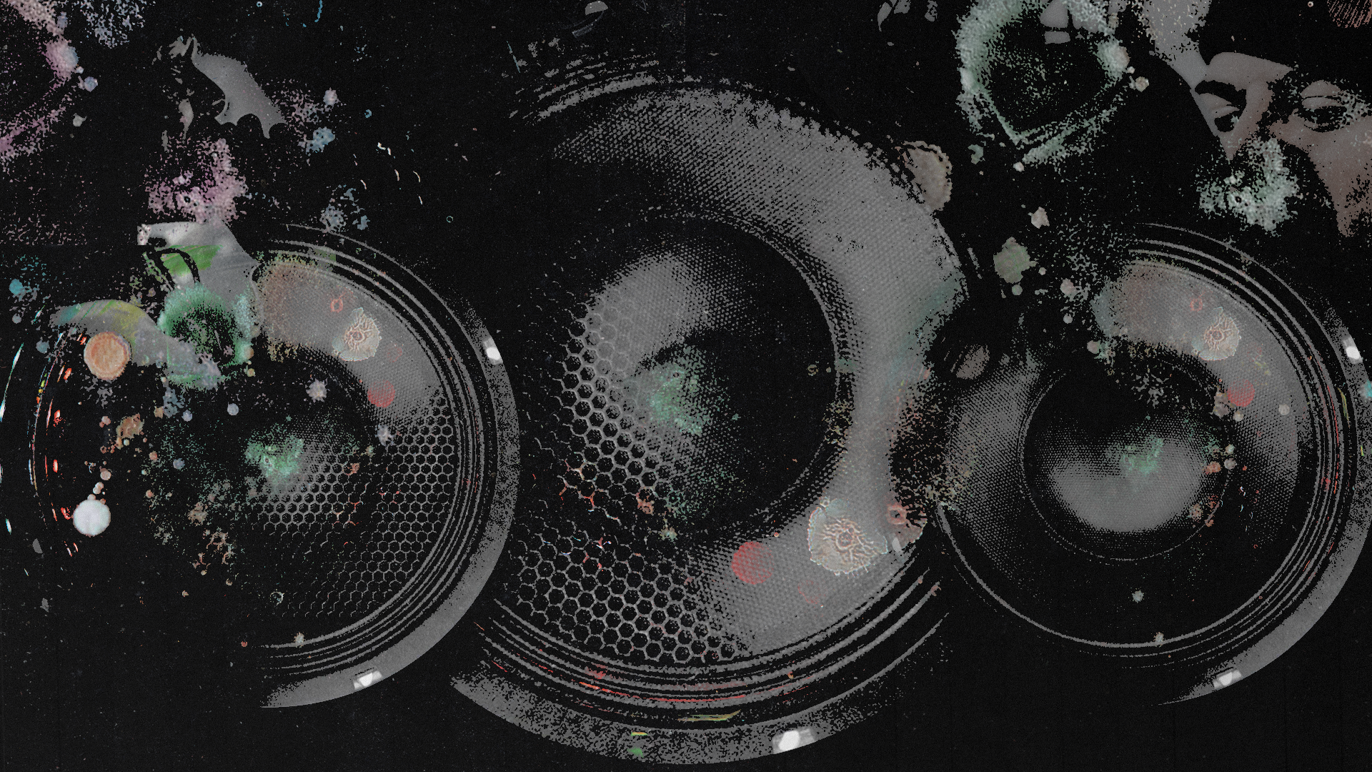 Abstract image featuring three large speakers with a textured, artistic overlay of splatters and colors on a dark background.
