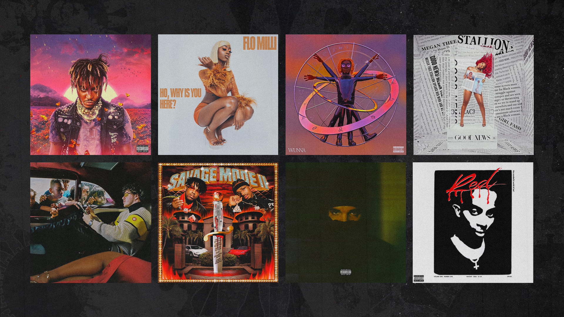 A collage of album covers featuring Juice WRLD, Flo Milli, Megan Thee Stallion, and others. Vibrant and artistic designs.