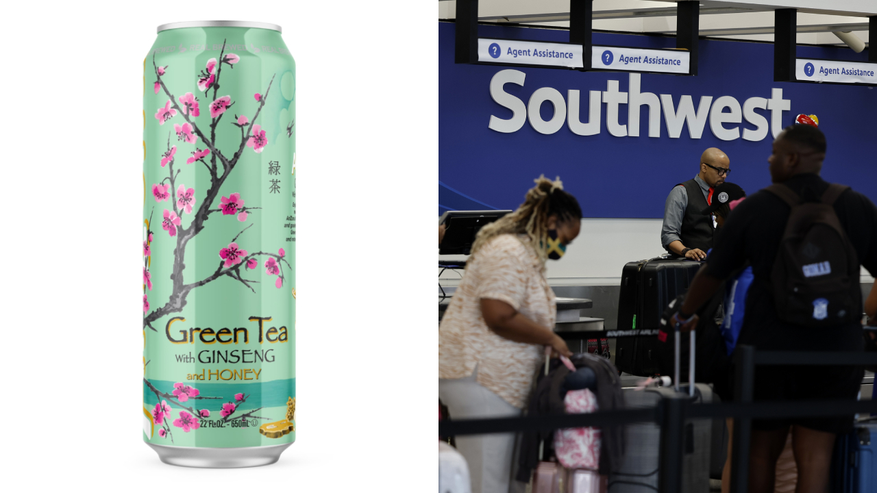 A can of green tea with ginseng and honey on the left. People at a Southwest Airlines counter on the right.
