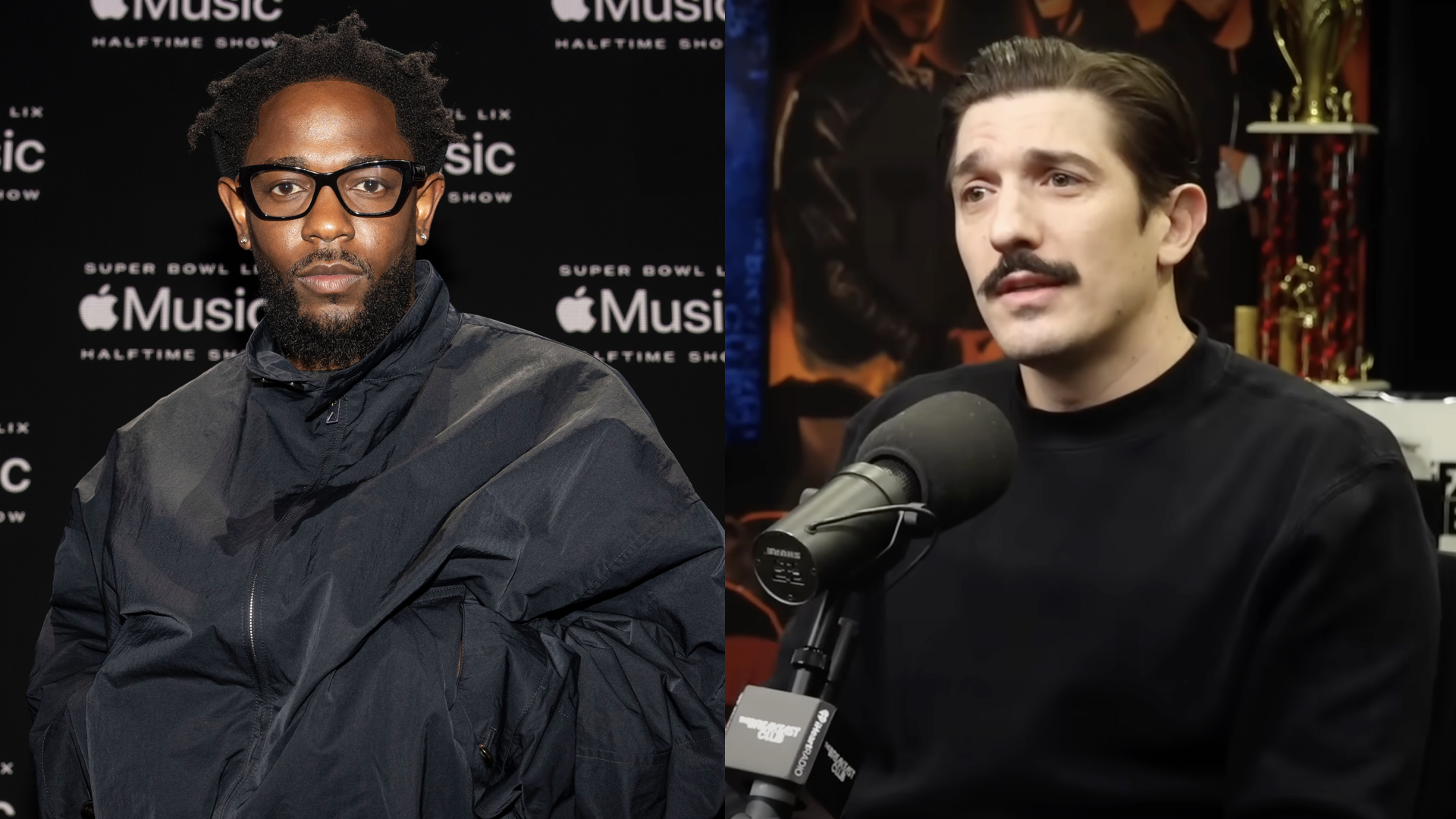 NEW ORLEANS, LOUISIANA - FEBRUARY 06: Kendrick Lamar pose for a photo onstage at the Super Bowl LVIX Pregame & Apple Music Super Bowl LVIX Halftime Show Press Conference at Ernest N. Morial Convention Center on February 06, 2025 in New Orleans, Louisiana/The Breakfast Club/YouTube