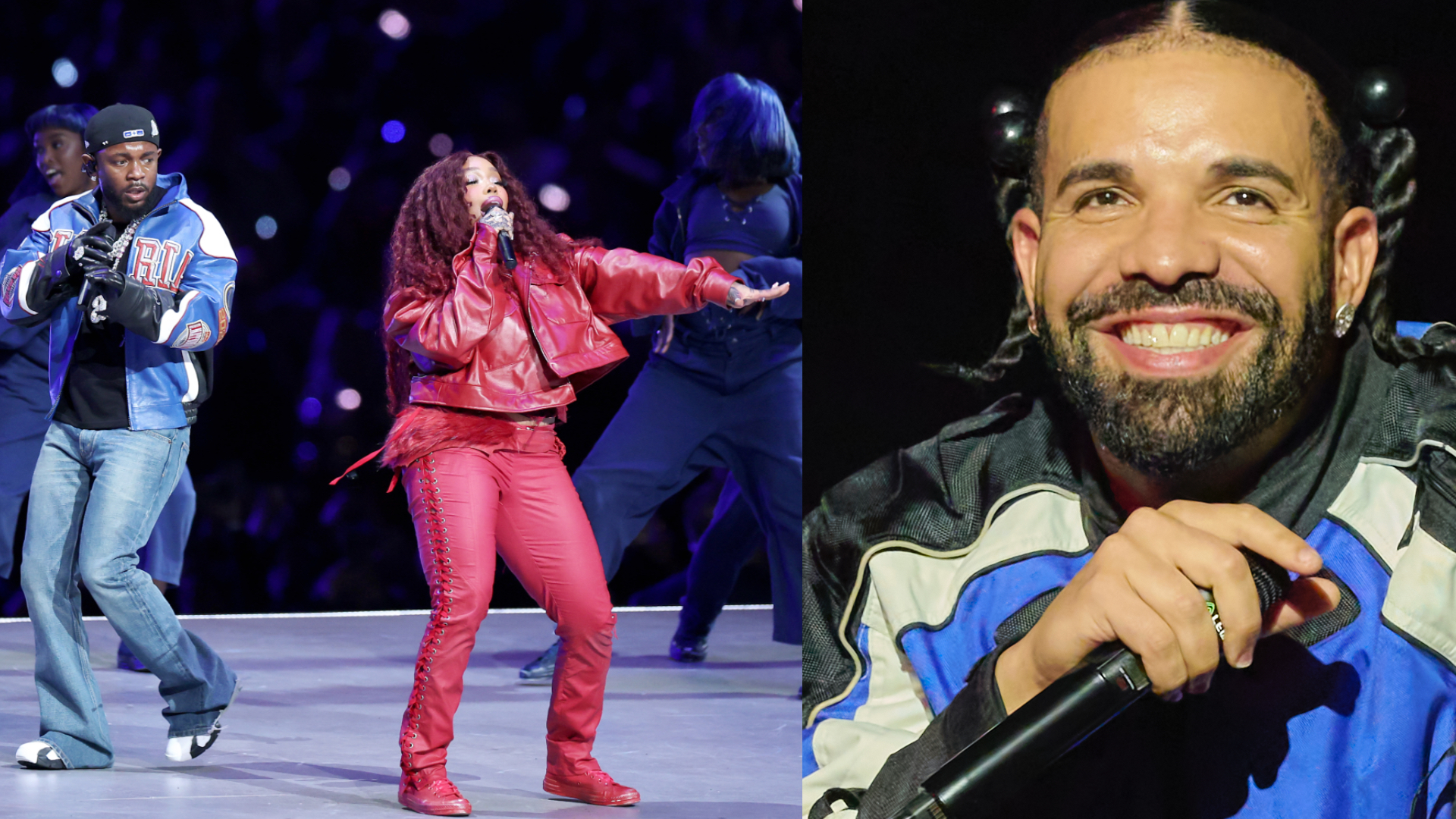 SZA performs in red on stage with backup dancers. Drake smiles, holding a microphone, wearing a blue and black jacket.