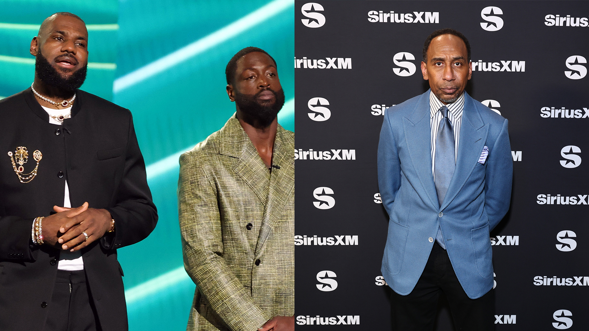 LeBron James and Dwyane Wade stand together on the left, while Stephen A. Smith poses in front of a SiriusXM backdrop on the right.