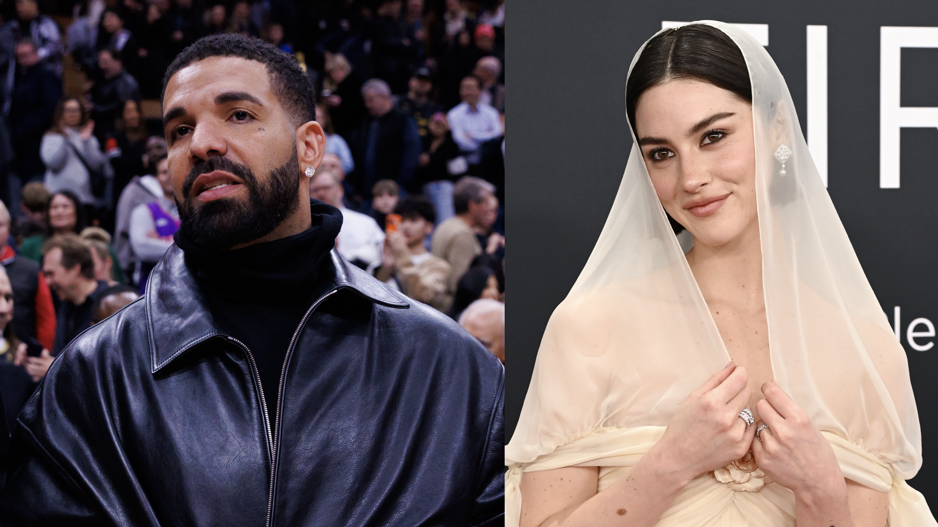Rapper Drake leaves the court following the NBA game between the Toronto Raptors and the Golden State Warriors at Scotiabank Arena on January 13, 2025 in Toronto, Canada/racie Abrams attends the 67th GRAMMY Awards on February 02, 2025 in Los Angeles, California.