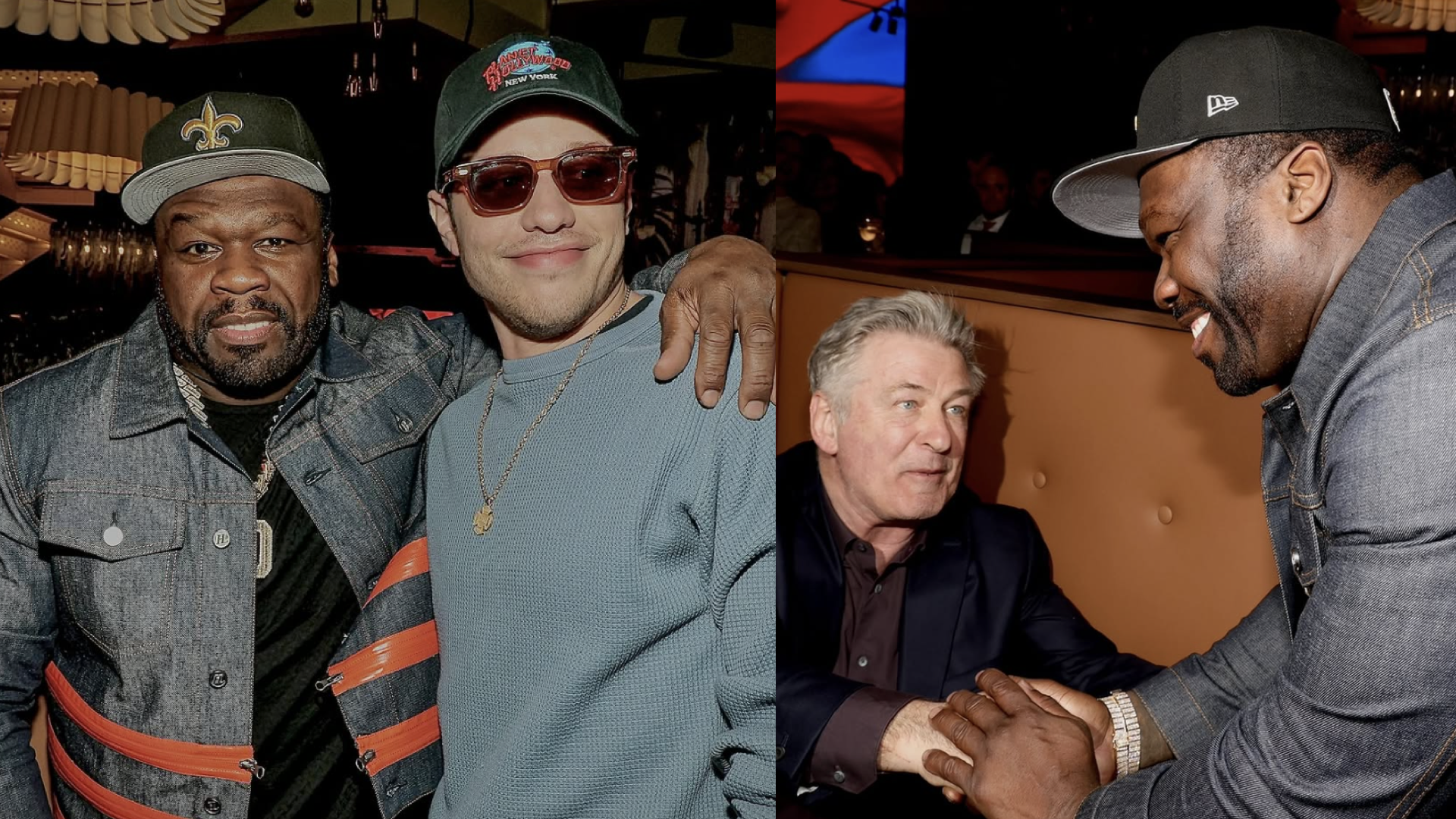 (L) 50 Cent with his arm around Pete Davidson. (R) 50 Cent shakes hands with Alec Baldwin.