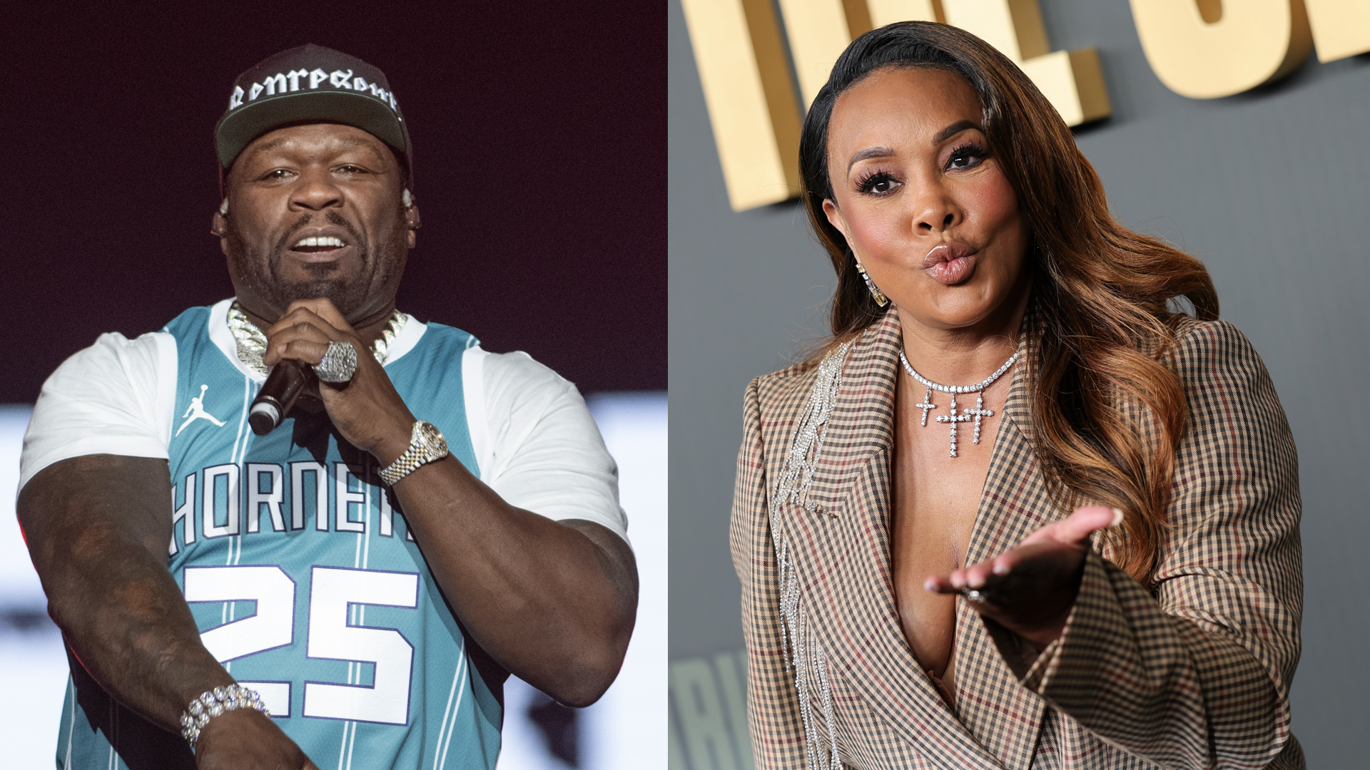 50 Cent performs during DaBaby & Friends - Billion Dollar Baby Birthday Bash at Spectrum Center on January 22, 2025 in Charlotte, North Carolina/Vivica A. Fox attends the premiere of Netflix's "The Six Triple Eight" at The Egyptian Theatre Hollywood on December 03, 2024 in Los Angeles, California.