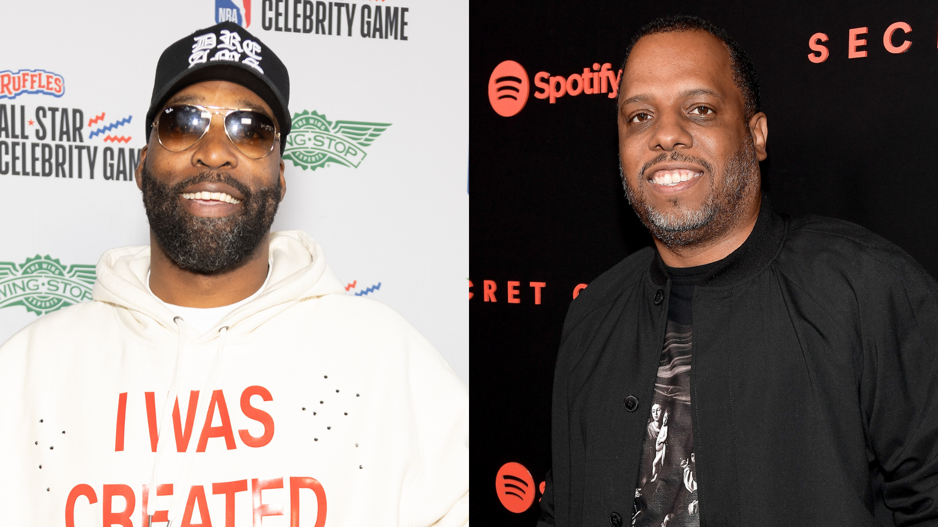 Baron Davis in a white hoodie and cap, smiling at an event. Another man smiles at a Spotify event, wearing a black jacket.