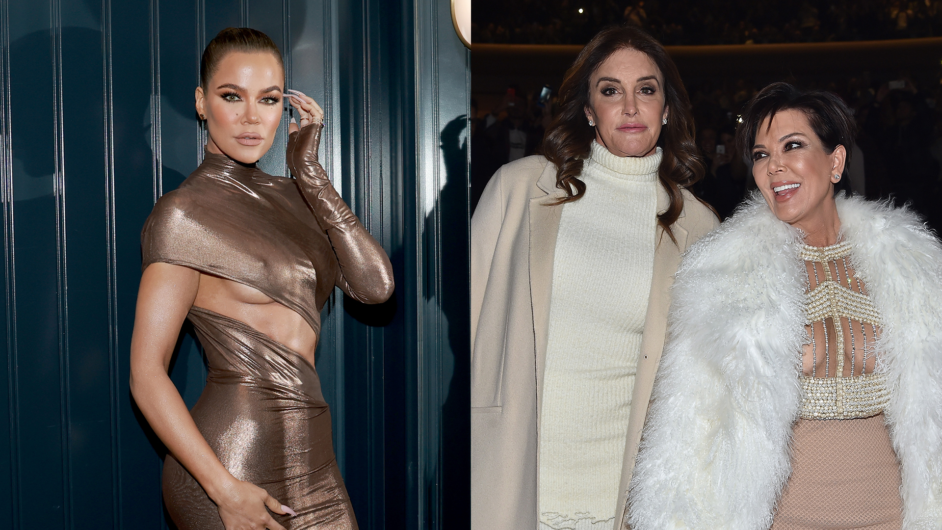 Khloé Kardashian in a metallic dress, Caitlyn Jenner in a cream outfit, and Kris Jenner in a white fur coat, all smiling.