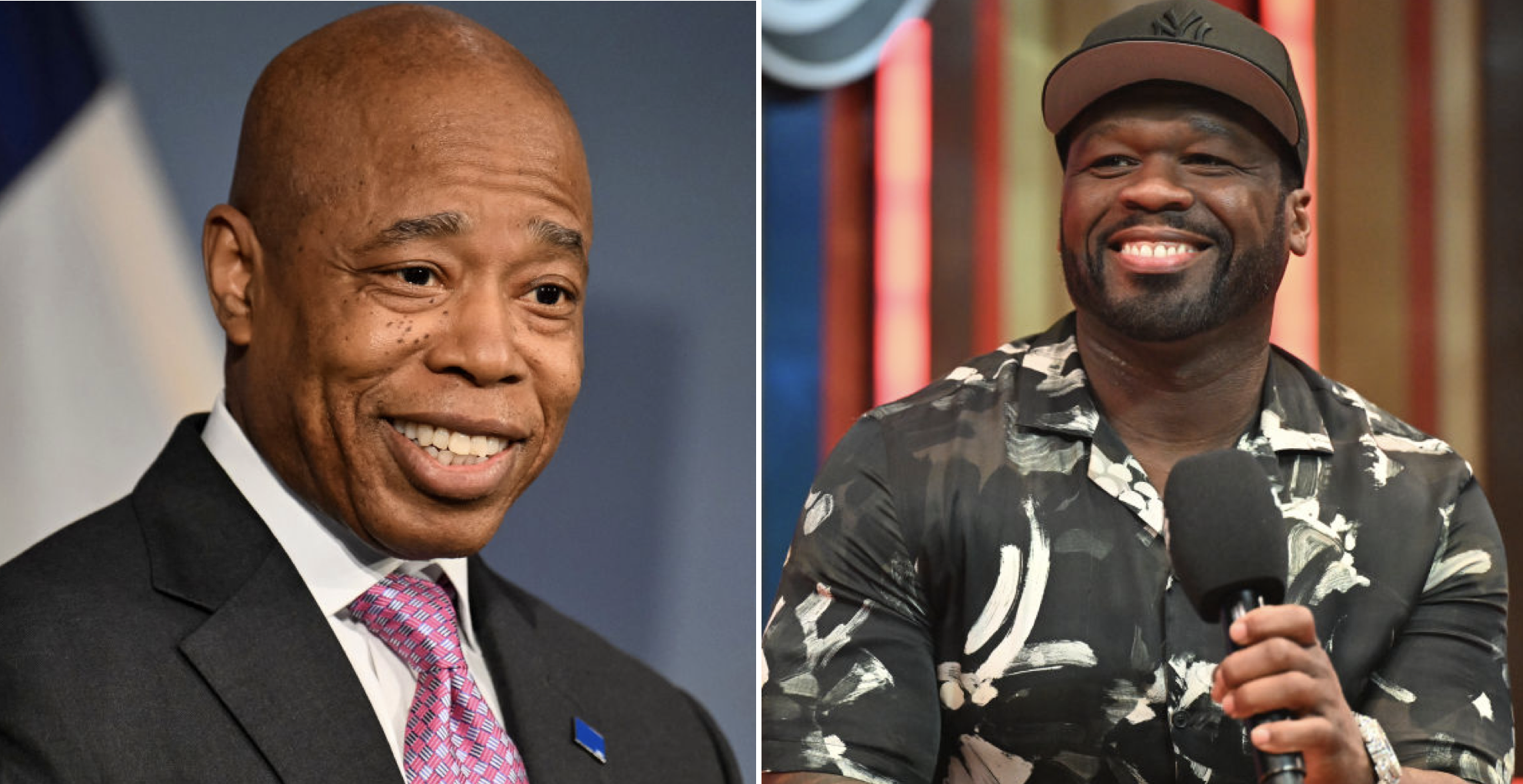 Eric Adams smiling in a suit and tie, and 50 Cent in a patterned shirt and cap, holding a microphone, smiling.
