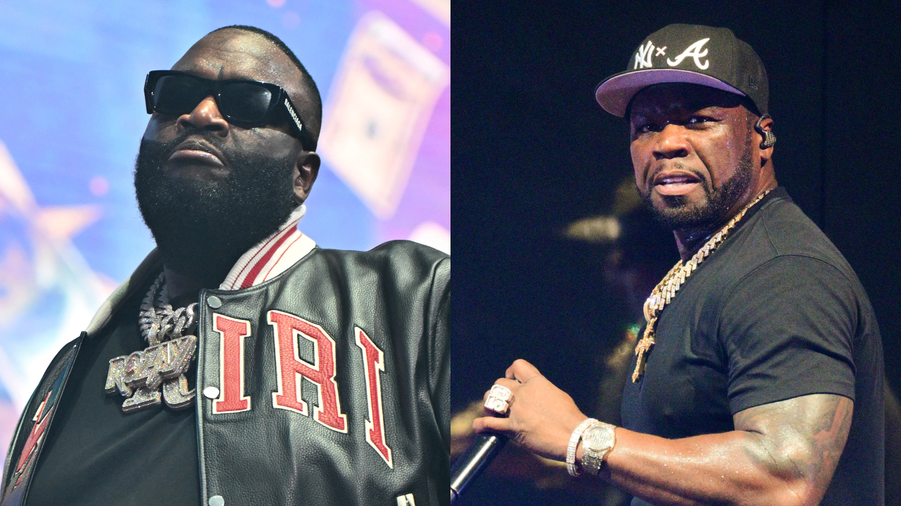 Rick Ross in a black jacket and sunglasses on the left, and 50 Cent in a black shirt and cap holding a microphone on the right.