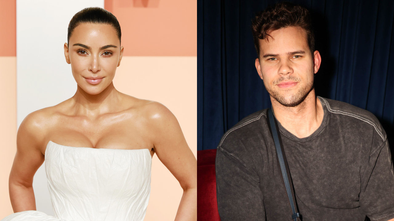 Kim Kardashian in a white dress with a sleek hairstyle, and Kris Humphries in a casual dark shirt, seated with a neutral expression.