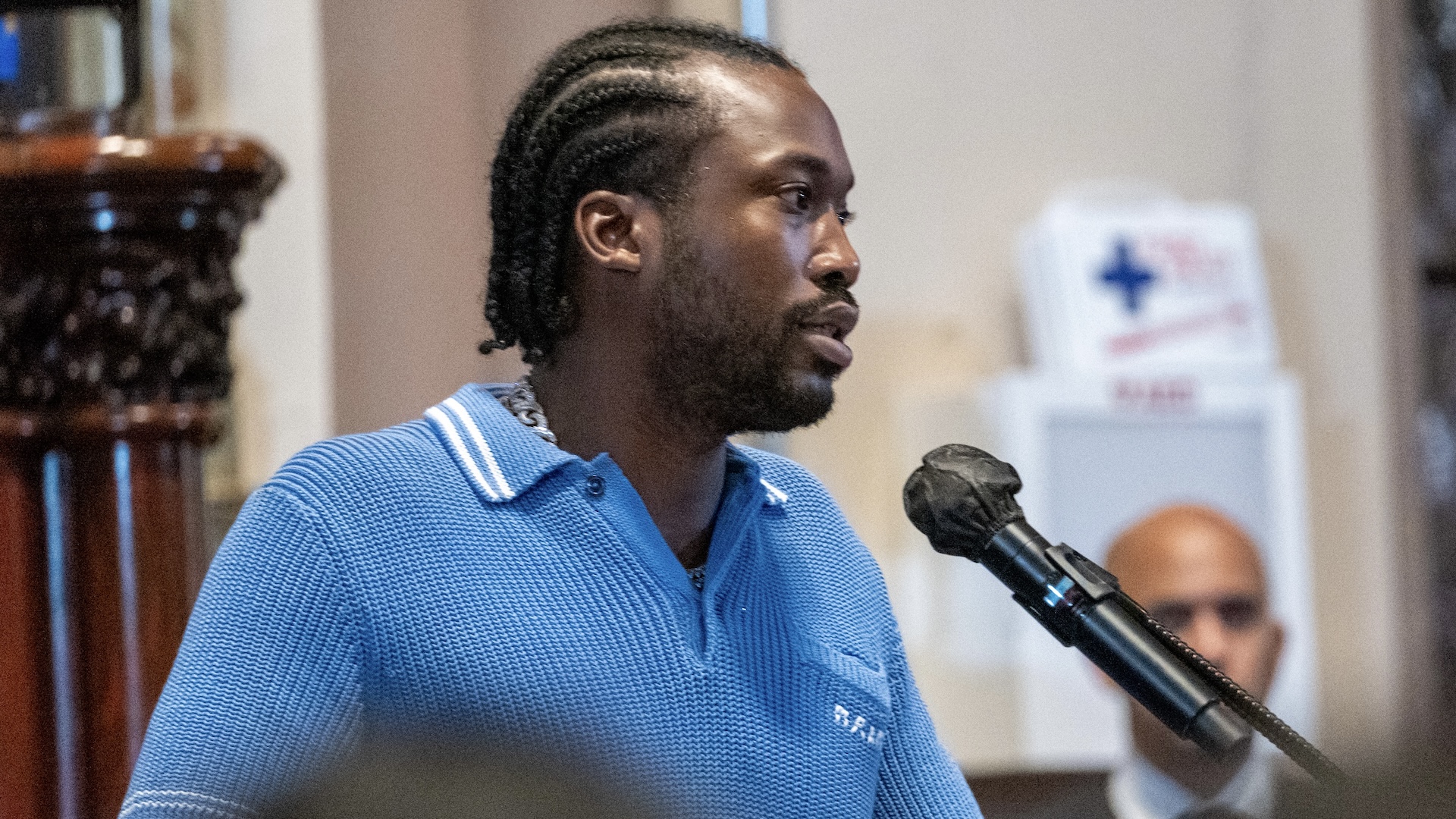 Musician Robert "Meek Mill" Williams speaks before New Jersey Governor Phil Murphy