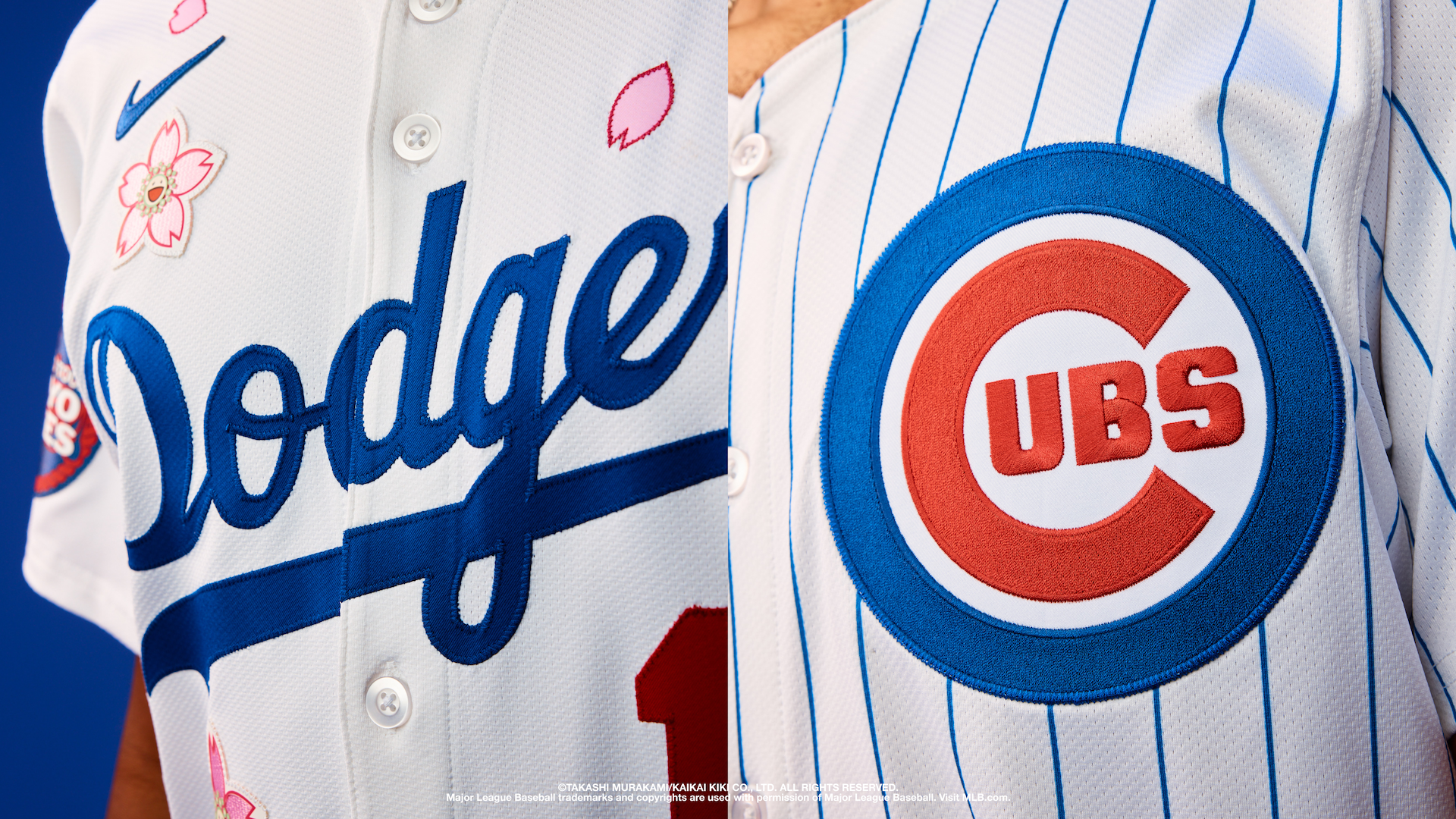 Two baseball jerseys: a Dodgers jersey with pink flowers and number 17, and a Cubs jersey with colorful flower patches and pinstripes.