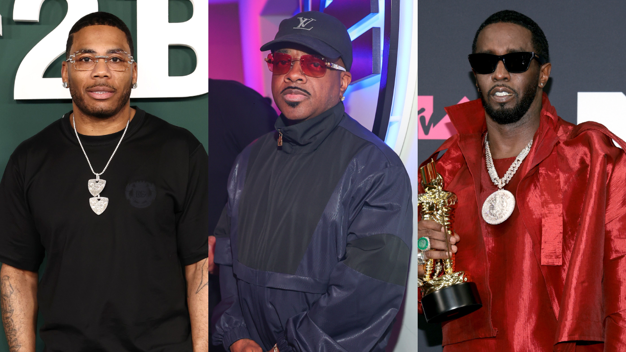 Split images of Nelly, Jermaine Dupri, and Diddy posing at different event. Nelly wears a black shirt, Jermaine a dark jacket and cap, Diddy a red outfit with a trophy.