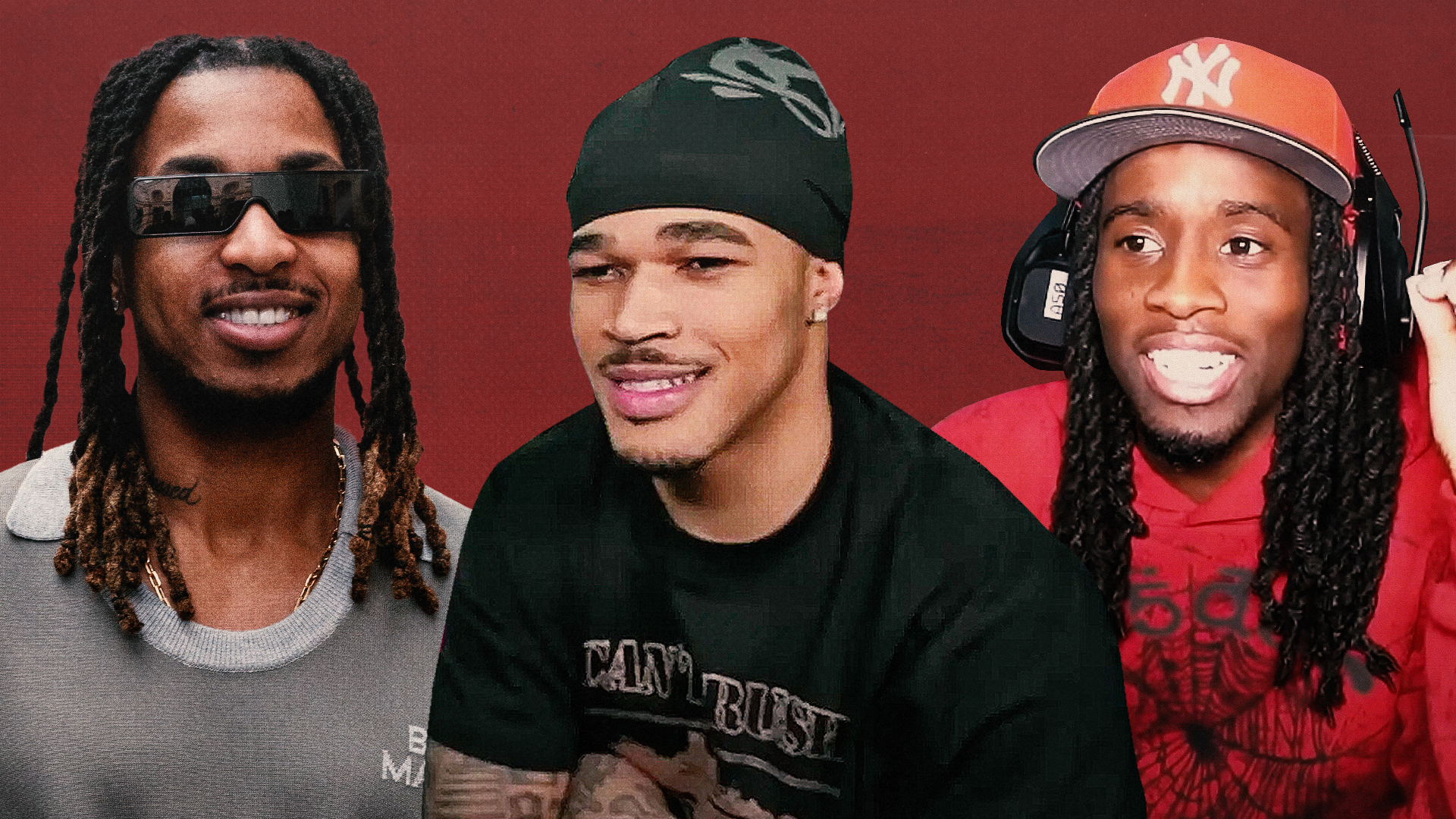 DDG, Plaqueboymax and Kai Cenat smiling against a red background; one wears sunglasses, one a black bandana, and the other a red cap with headphones.