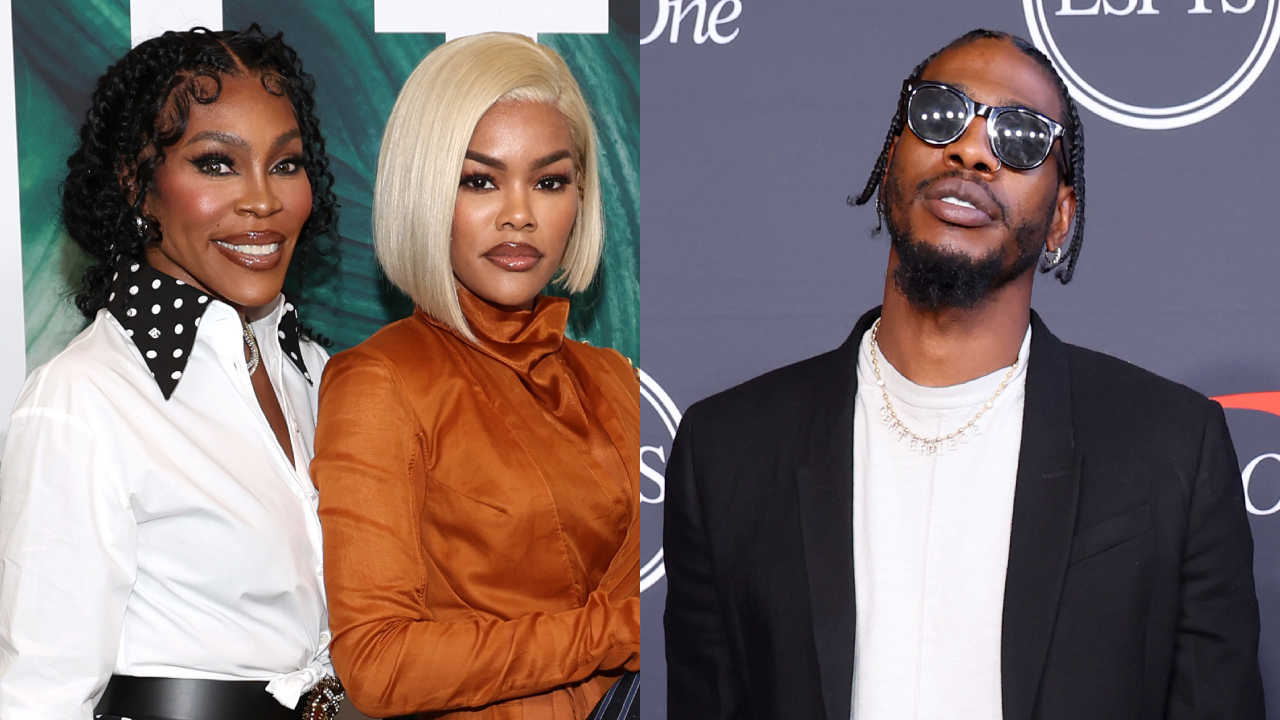 Left: Nikki Taylor in a white shirt and polka dot collar, Teyana Taylor in an orange outfit. Right: Iman Shumpert in a black jacket and sunglasses.