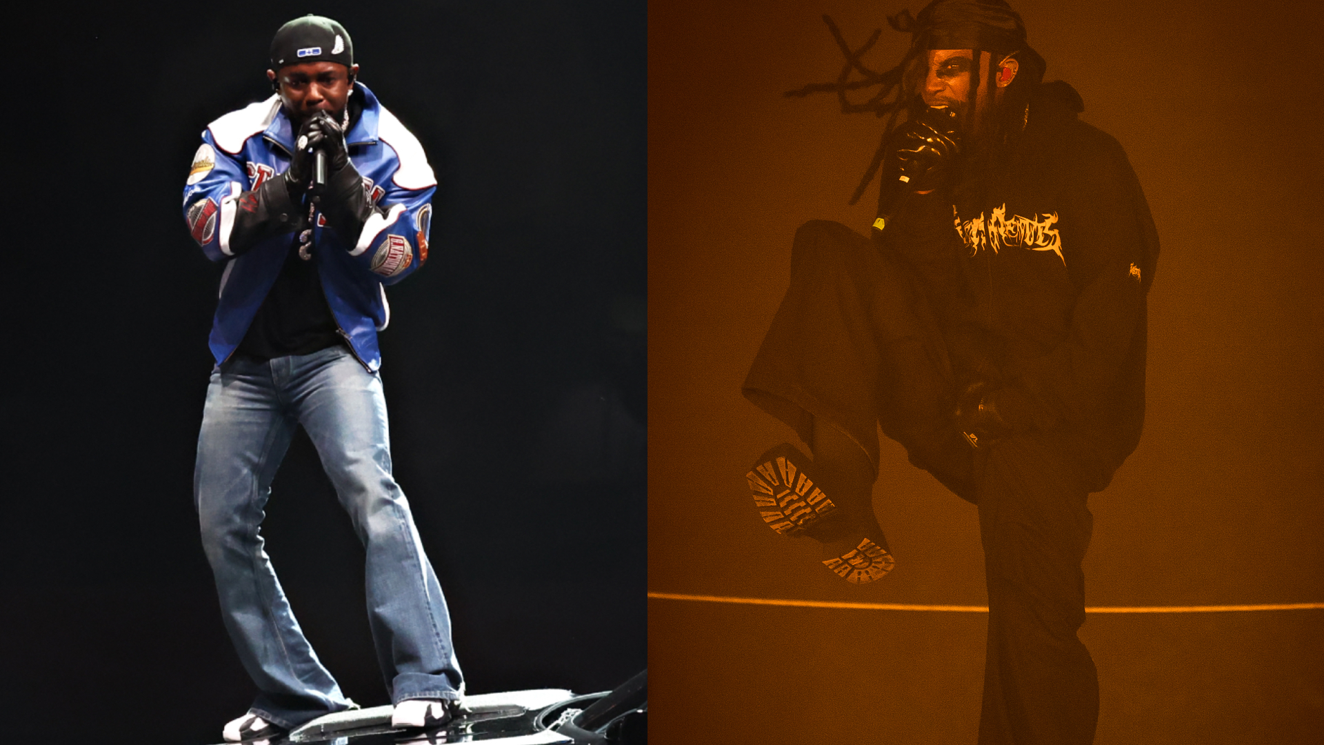 Two performers on stage: one in a blue jacket and jeans, the other in a dark hoodie and pants, both wearing gloves.