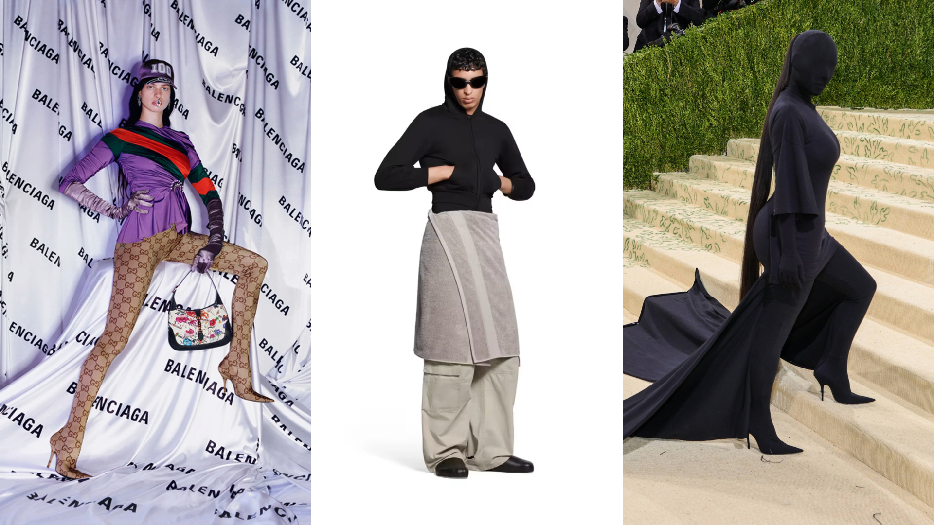 A collage of three fashion images: a model in colorful Balenciaga attire, a person in avant-garde layered clothing, and a figure in a full-body black outfit on stairs.