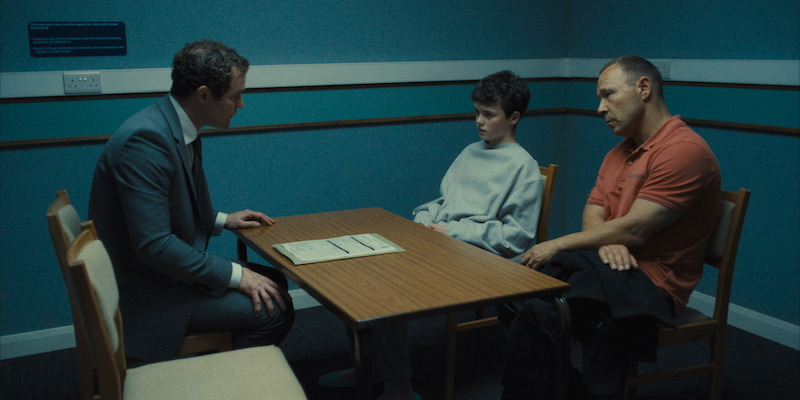 Mark Stanley as Paul Barlow, Owen Cooper as Jamie Miller, and Stephen Graham as Eddie Miller in Adolescence