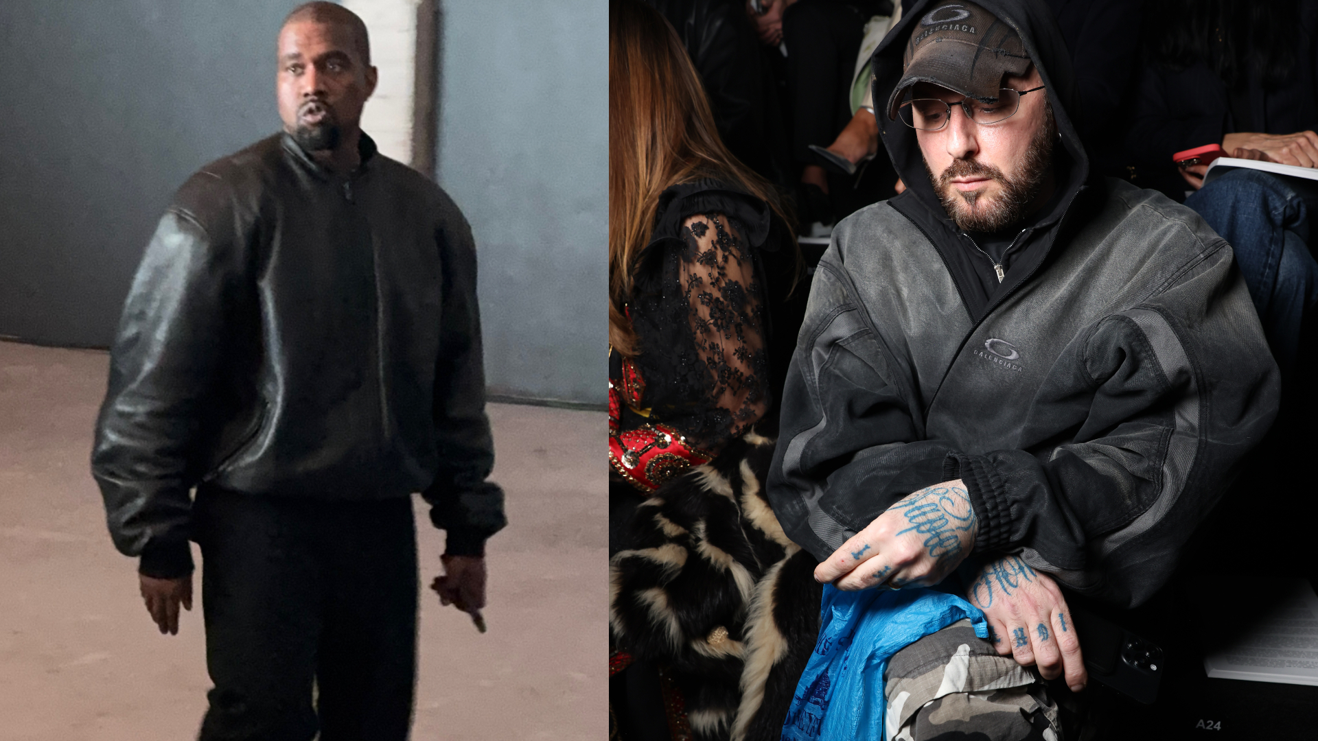 Kanye West in a black leather jacket on the left; a man with tattoos and a cap sitting in a crowd on the right.