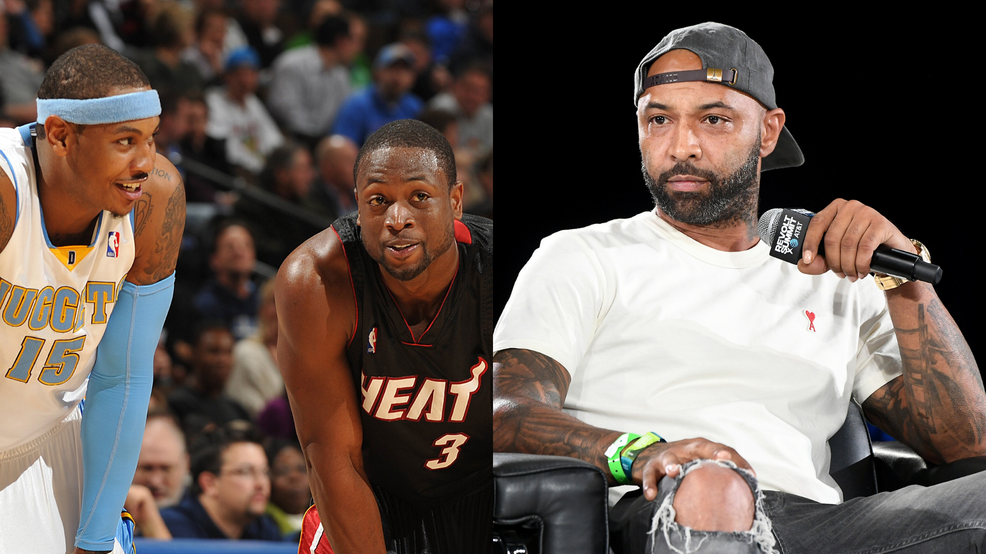 Carmelo Anthony in a Denver Nuggets jersey, Dwyane Wade in a Miami Heat jersey, and Joe Budden holding a microphone, wearing a cap and white shirt.