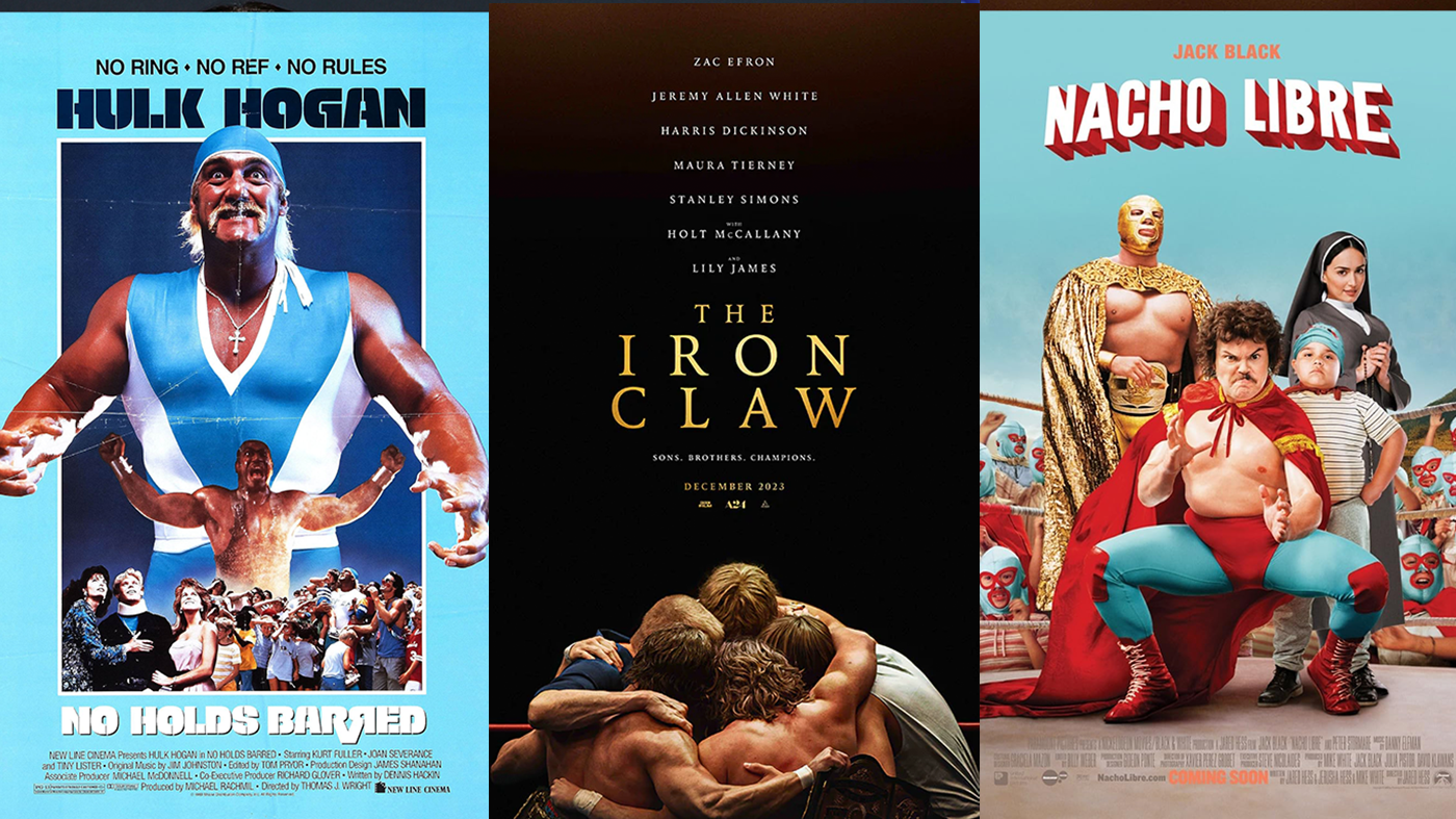 Posters for "No Holds Barred" with Hulk Hogan, "The Iron Claw" featuring Zac Efron, and "Nacho Libre" starring Jack Black.