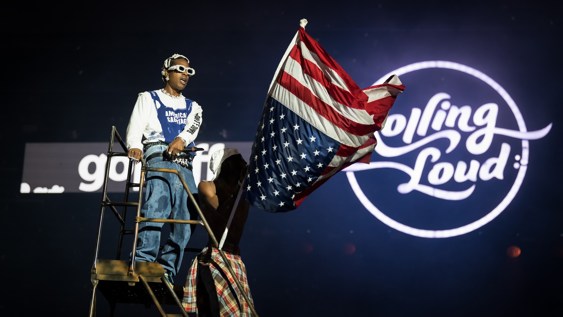 MIAMI GARDENS, FLORIDA - JULY 23: American rapper A$AP Rocky performs onstage during day three of Rolling Loud Miami at Hard Rock Stadium on July 23, 2023 in Miami Gardens, Florida.