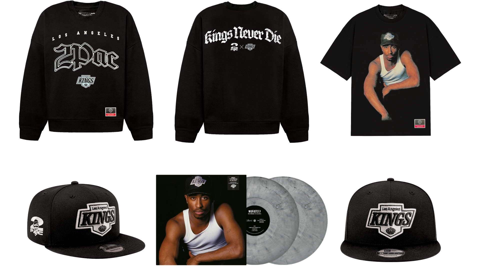 Collection featuring 2Pac-themed apparel and merchandise, including sweatshirts, a T-shirt, hats, and vinyl records with his image.