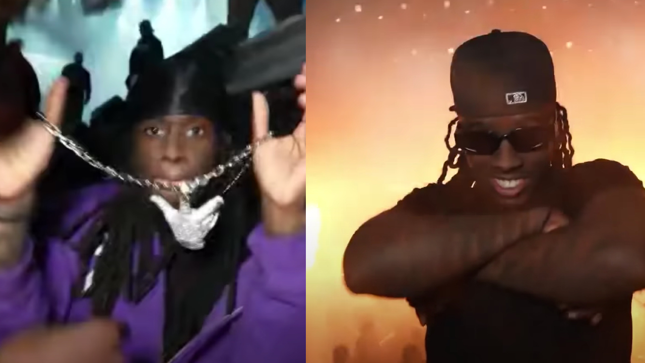 Two images side by side: Left shows a person with a chain, wearing a purple hoodie. Right shows a person with sunglasses and a cap, crossing arms.