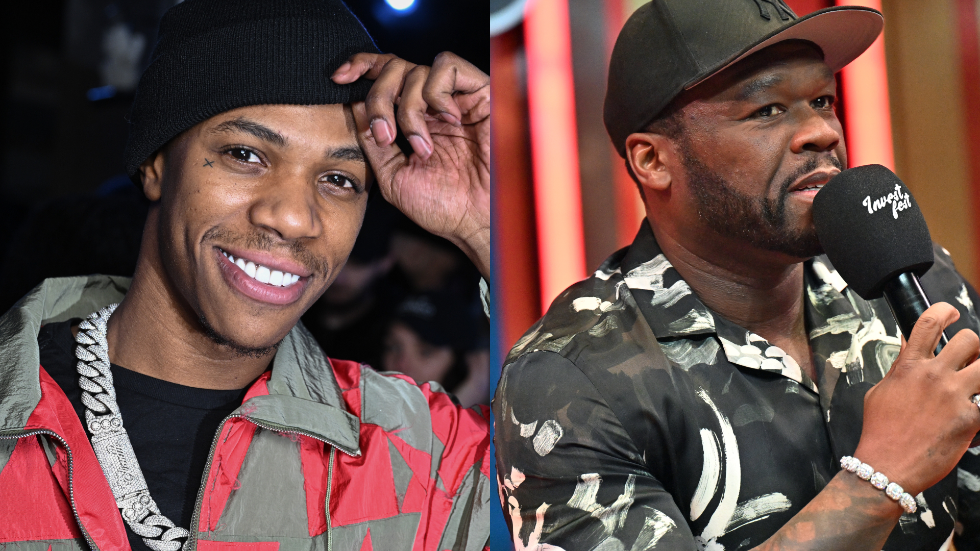 A Boogie wit da Hoodie smiling in a patterned jacket; 50 Cent speaking into a microphone, wearing a cap and patterned shirt.