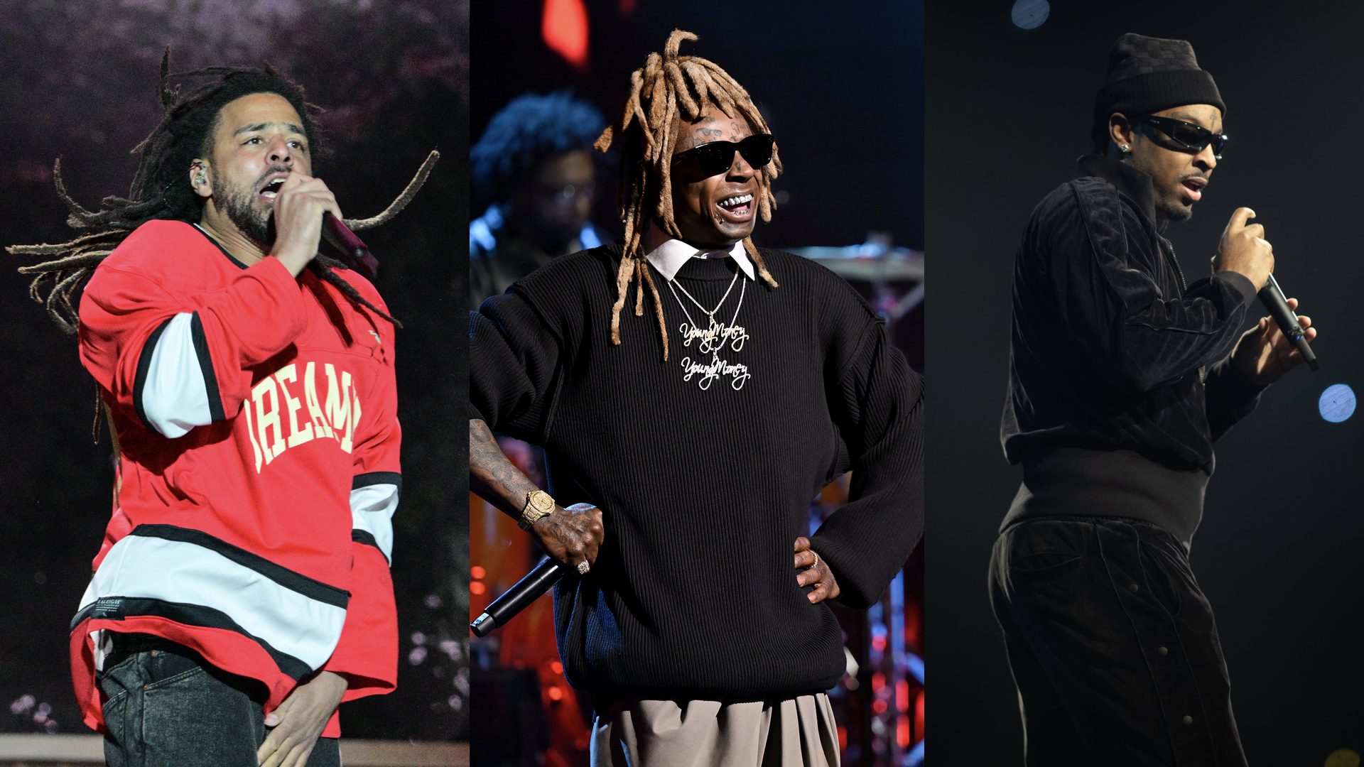 J Cole performs during 2024 Dreamville Music Festival at Dorothea Dix Park on April 7, 2024 in Raleigh, North Carolina/Lil' Wayne and The Roots perform on February 16, 2025/21 Savage performs during Lil Baby and Friends Birthday Bash Concert at State Farm Arena on December 7, 2024 in Atlanta, Georgia.