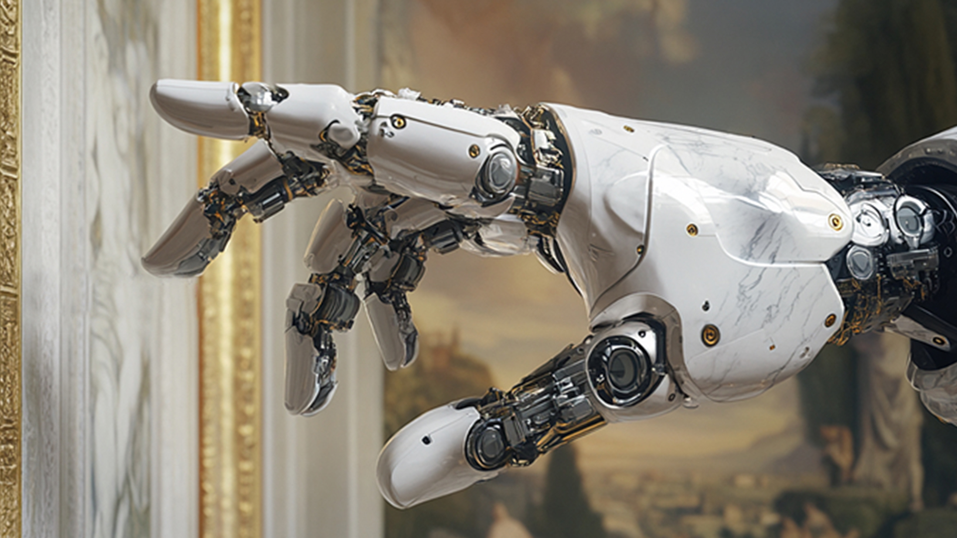 A robotic hand with a sleek, white design and intricate mechanics, reaching towards a framed artwork in an elegant setting.